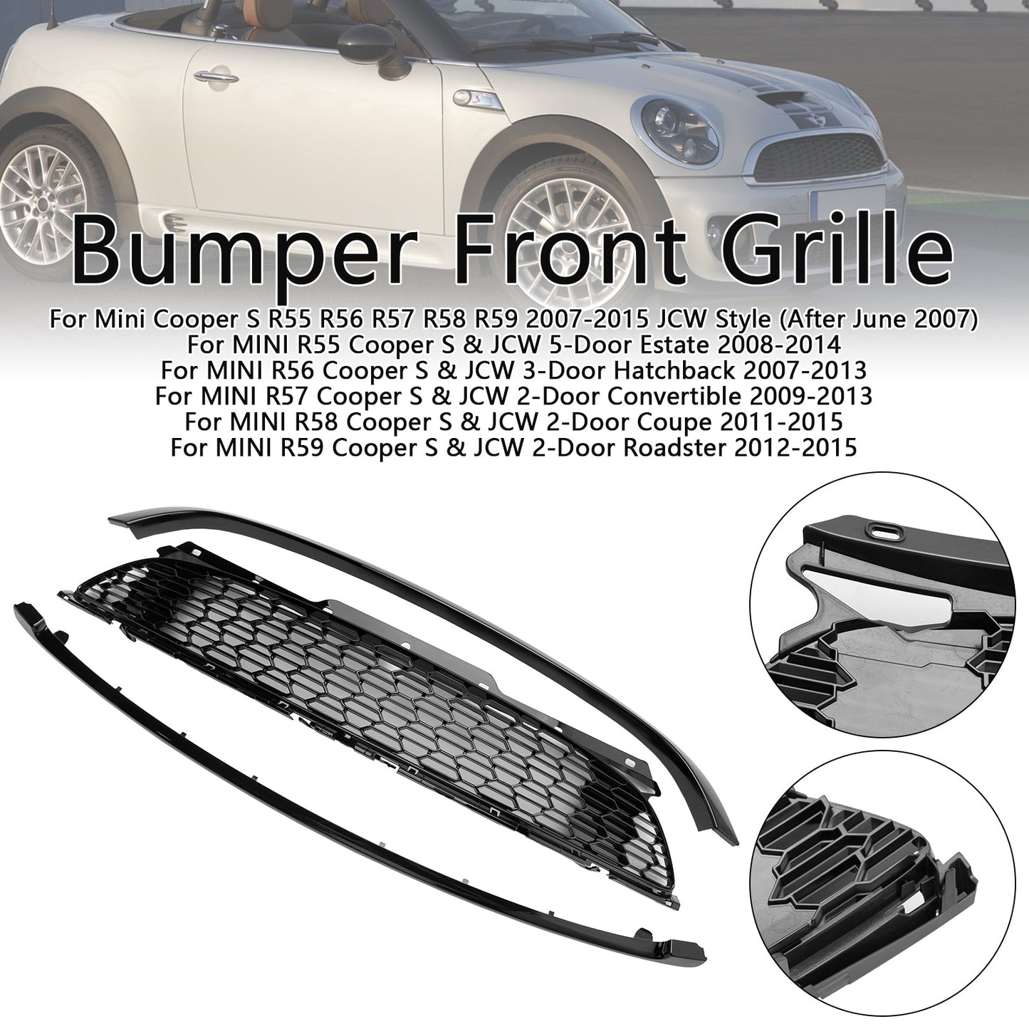 2008-2014 MINI R55 Cooper S &amp; JCW 5-Door Estate 3PCS Gloss Black Front Grill Grille