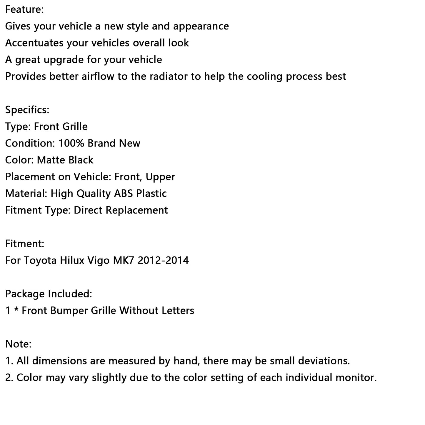 2012-2014 Toyota Hilux Vigo MK7 Matt Black Front Bumper Grill Grille