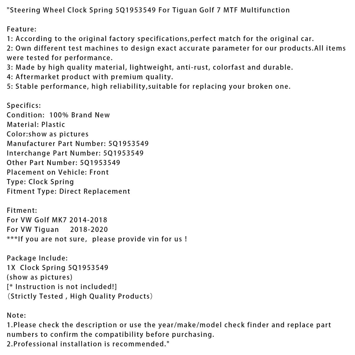 Steering Wheel Clock Spring 5Q1953549 For Tiguan Golf 7 MTF Multifunction