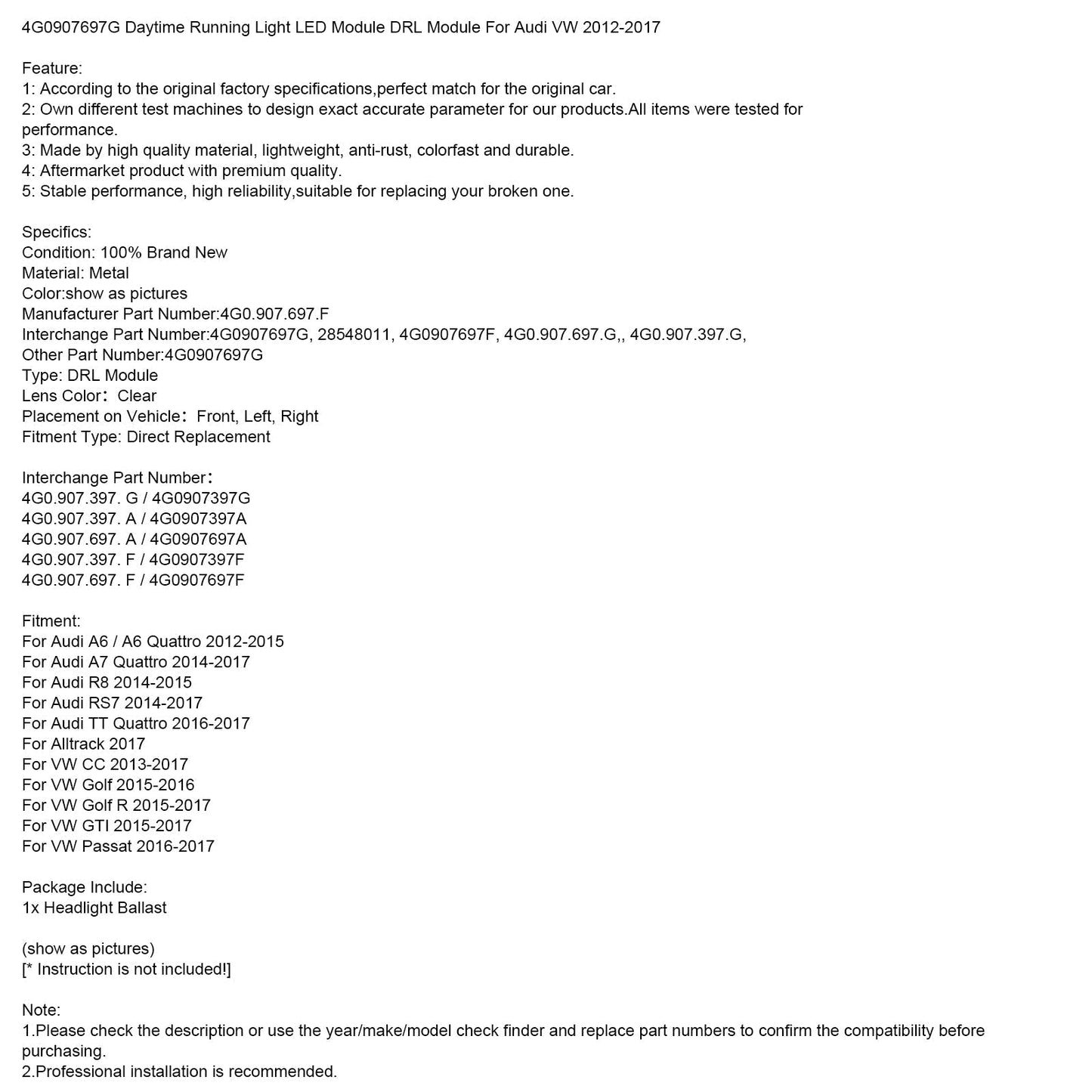 2015-2017 VW Golf R Daytime Running Light LED Module DRL Module 4G0907697G