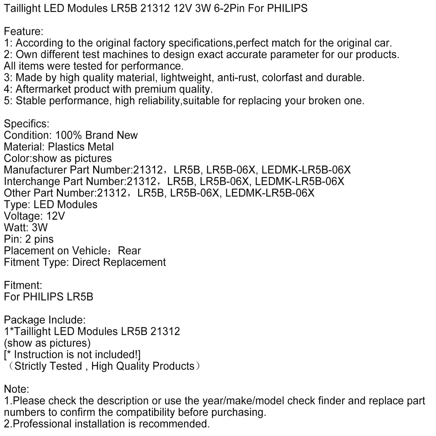 Taillight LED Modules LR5B 21312 12V 3W 6-2Pin For PHILIPS