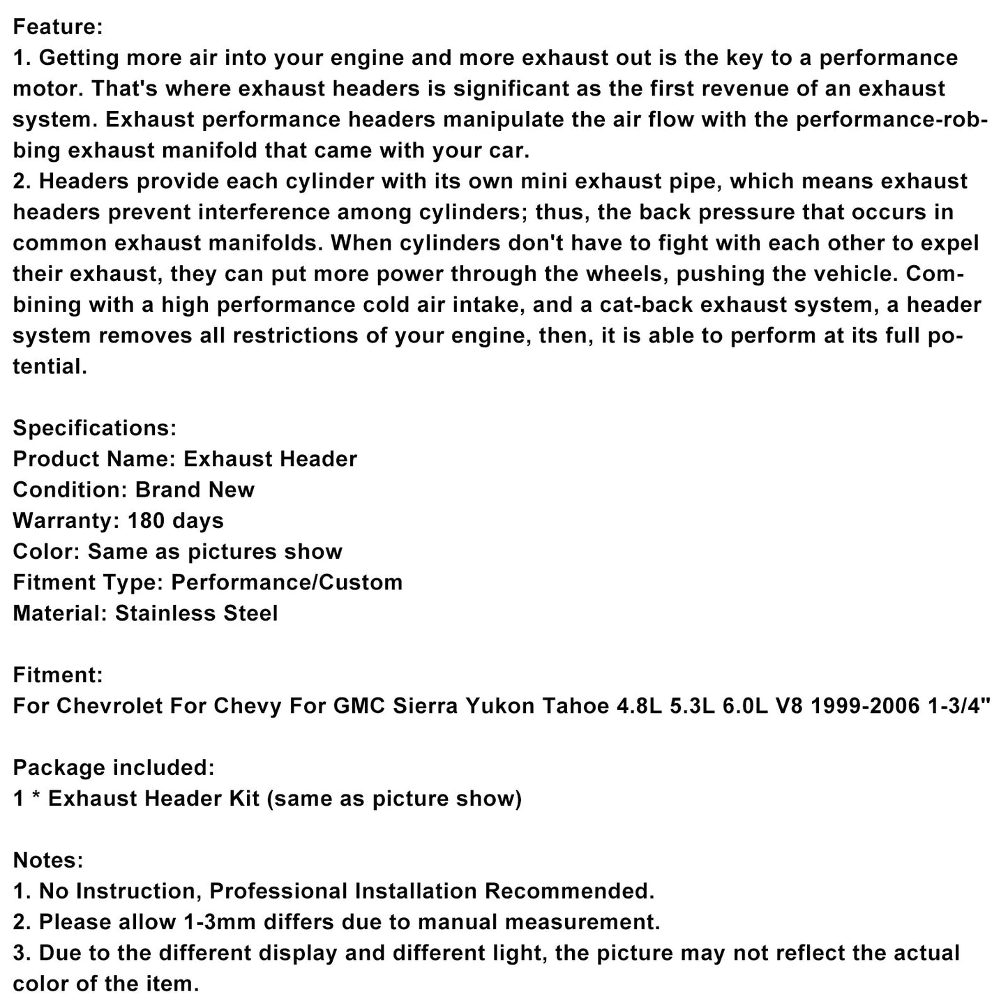 Exhaust Manifold Header Fit Chevy 1999-2006 1-3/4" GMC Sierra 4.8 5.3 6.0 V8