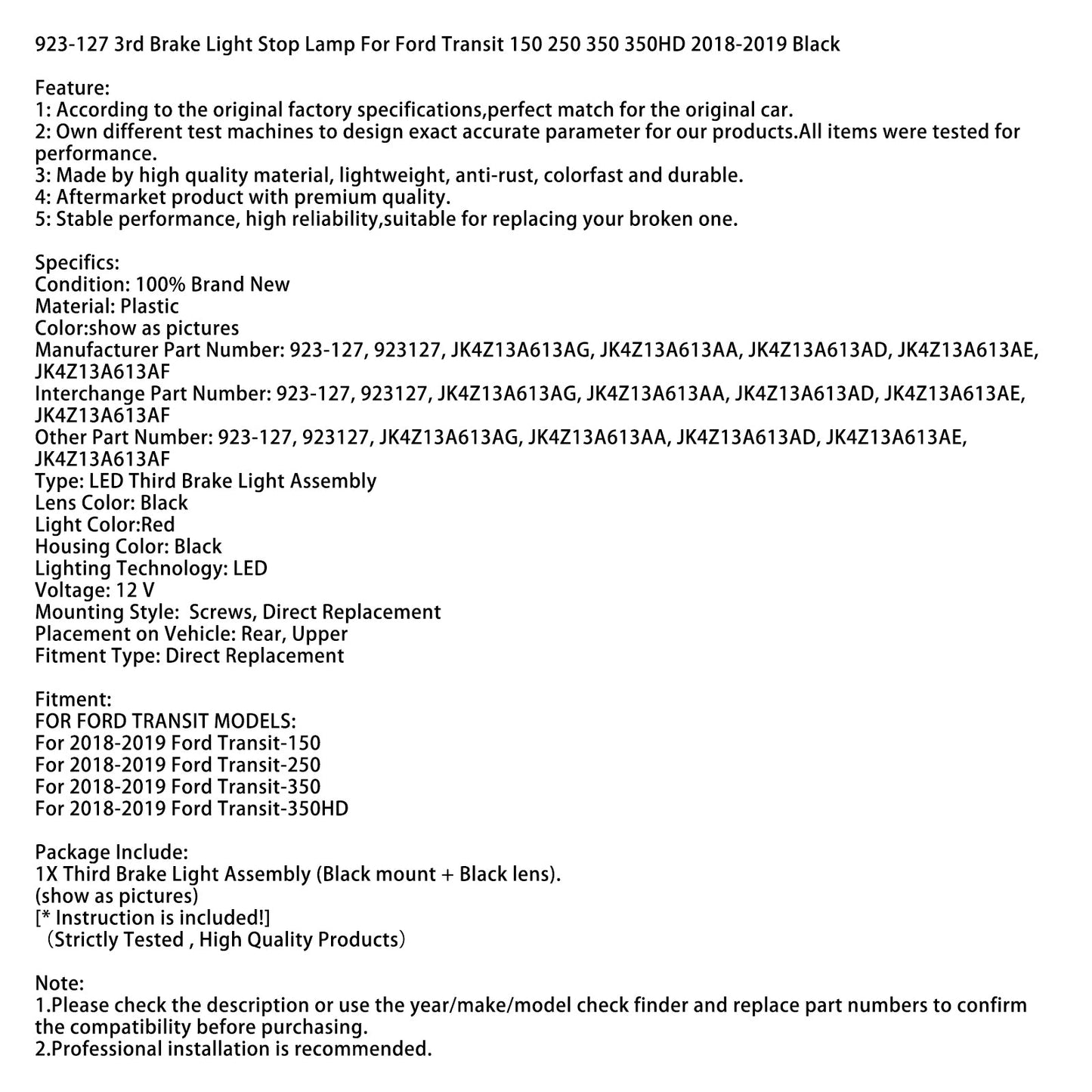 2018-2019 Ford Transit-250 3rd Brake Light Stop Lamp 923-127 JK4Z13A613AF