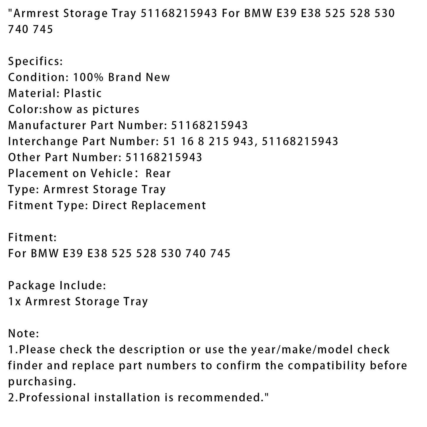 BMW E39 E38 525 528 530 740 745 Armrest Storage Tray 51168215943