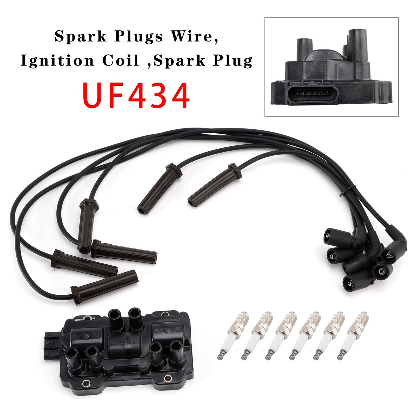 1x Ignition Coil + 6x Spark Plugs +6x Wire Pack UF434 For Chevrolet GMC Pontiac