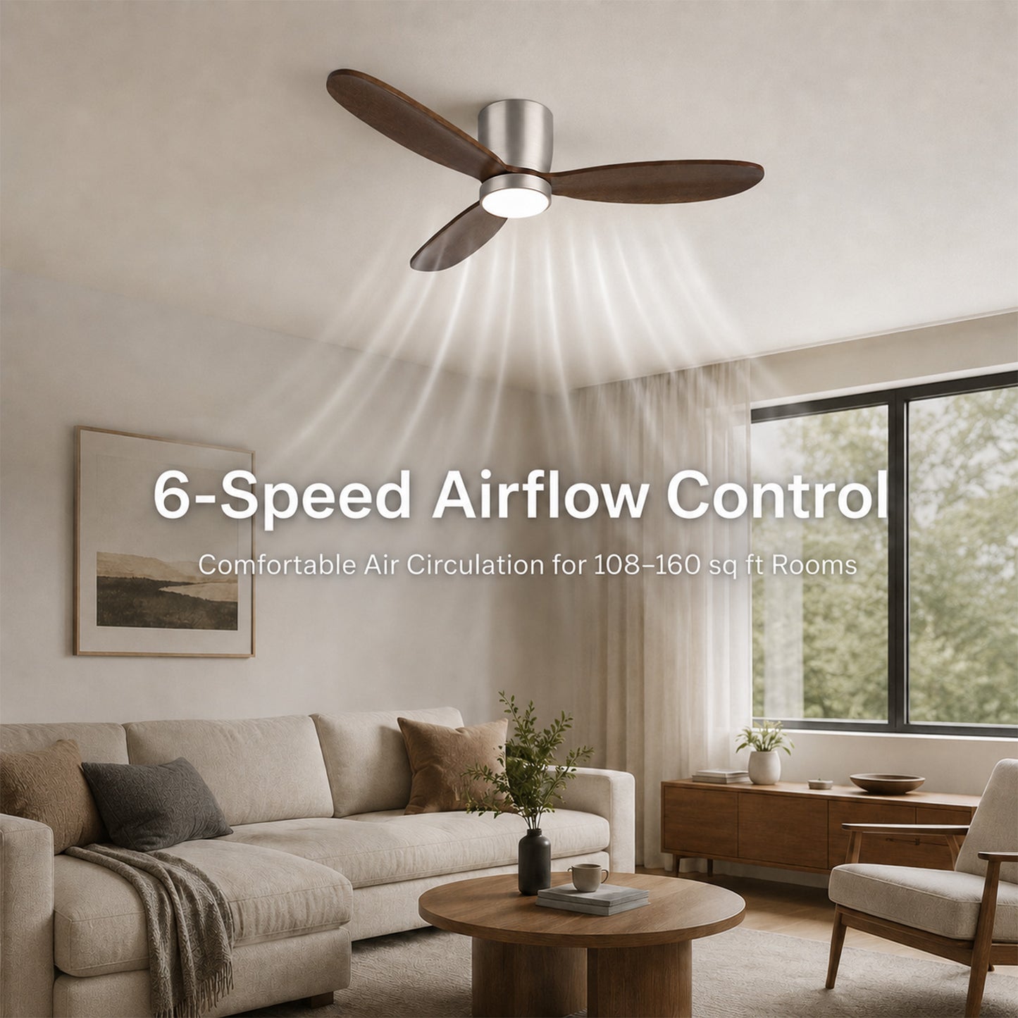 52" Flush Mount Ceiling Fan with Light APP & Remote Control Solid Wood Blades