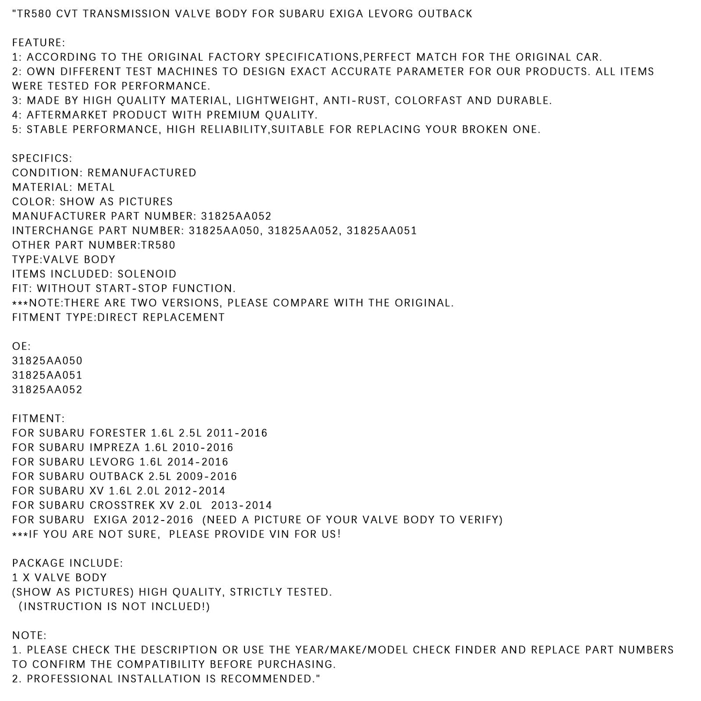 2014-2016 Subaru LEVORG 1.6L TR580 CVT Transmission Valve Body 31825AA052