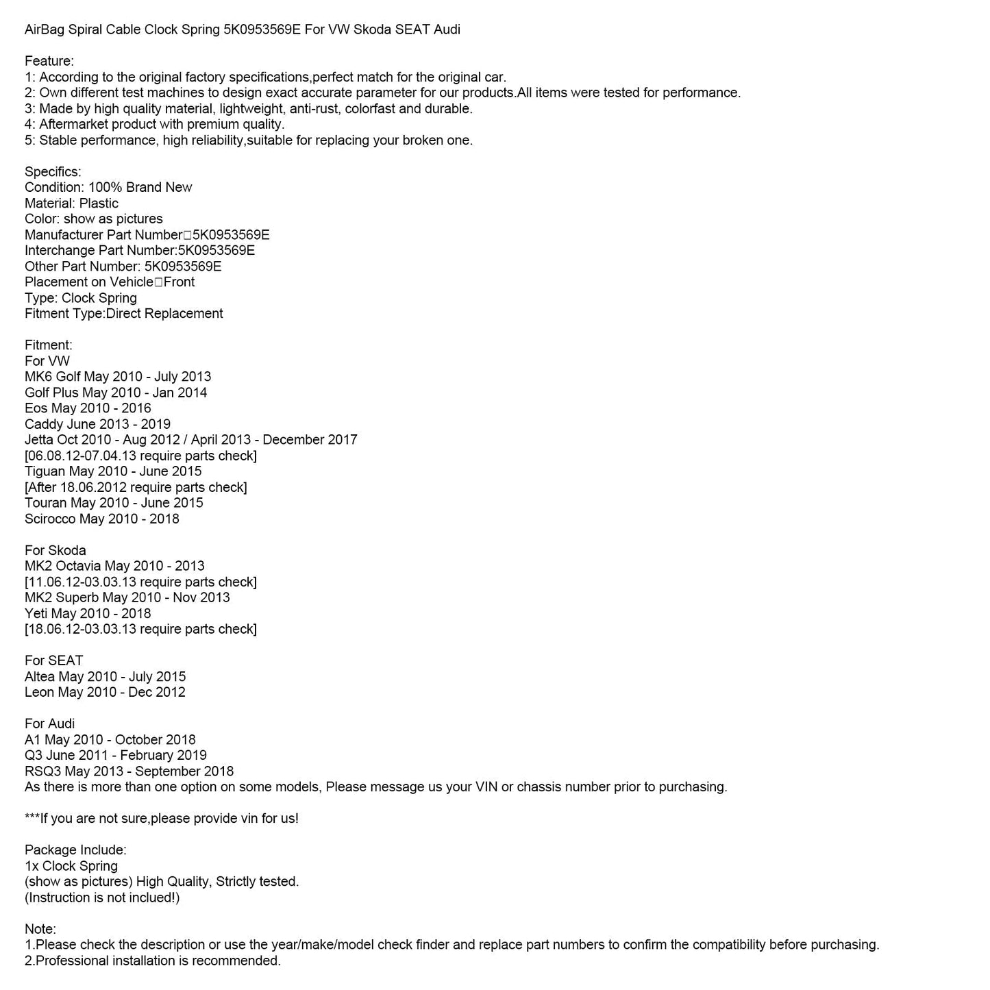 2010-2013 Skoda MK2 Octavia AirBag Spiral Cable Clock Spring 5K0953569E 5K0953569AH