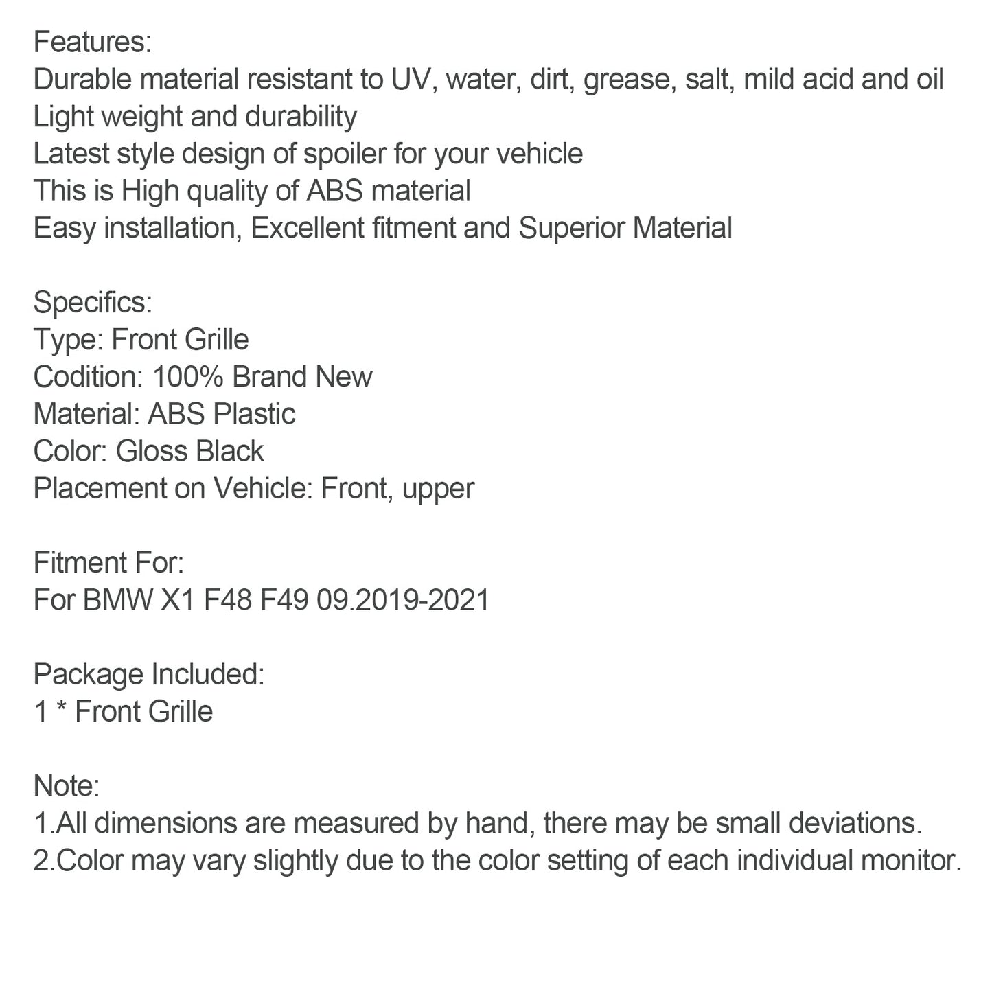 2019-2021 BMW X1 F48 F49 Dual Slat Gloss Black Front Kidney Grille Grill