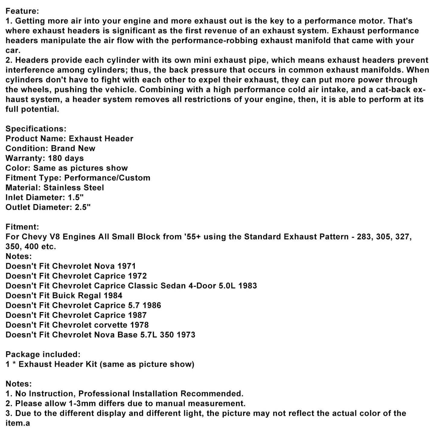 Exhaust Manifold Header Fit Chevy Small Block SB V8 262 265 283 305 327 350 400