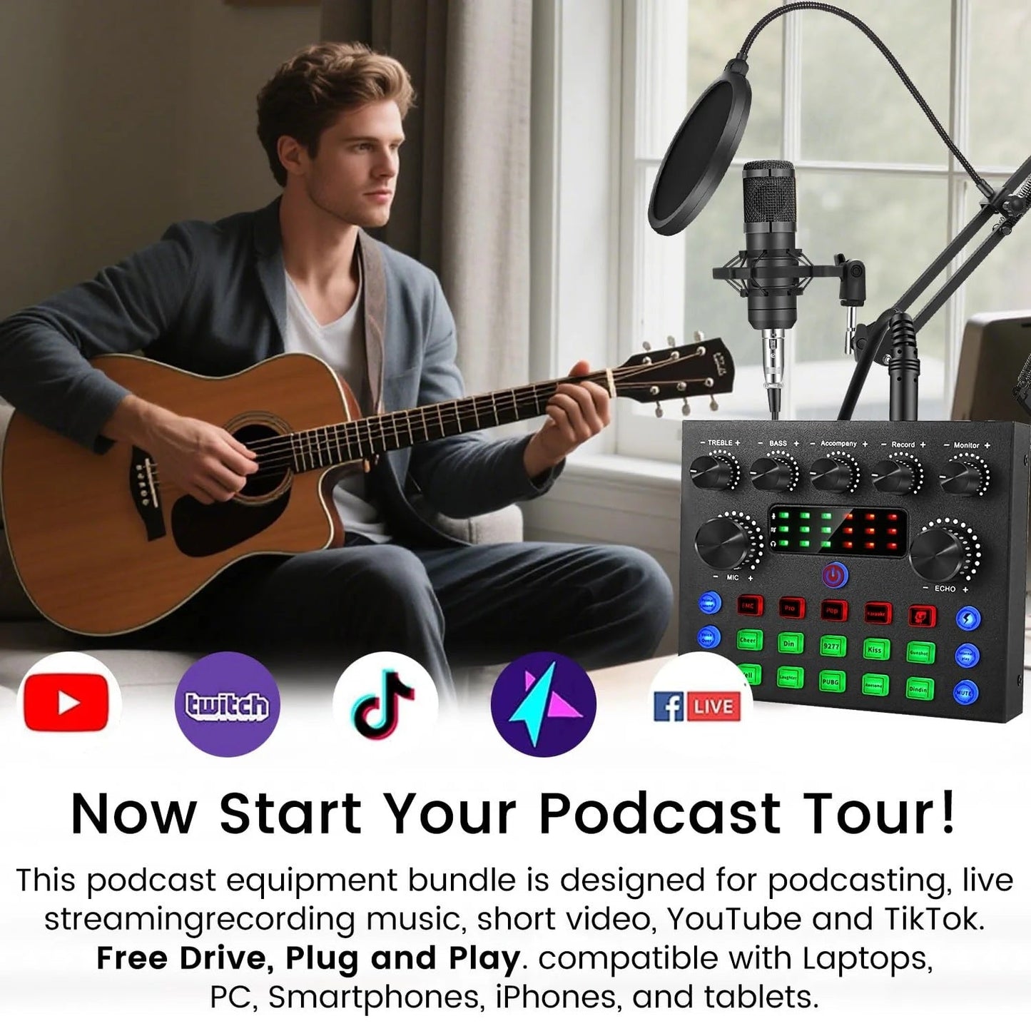 V8s Sound Card Live Sound Card Set for Podcast Record Sing Streaming and Gaming