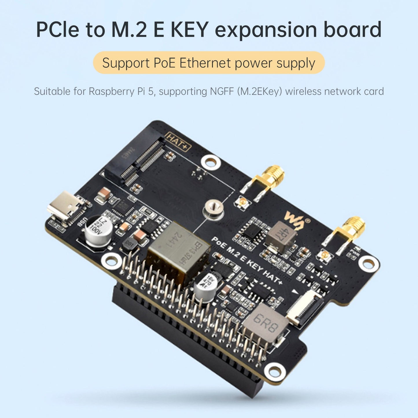 Raspberry Pi 5 PCIe to M.2 E Key with PoE Ethernet Power Supply Adapter Board