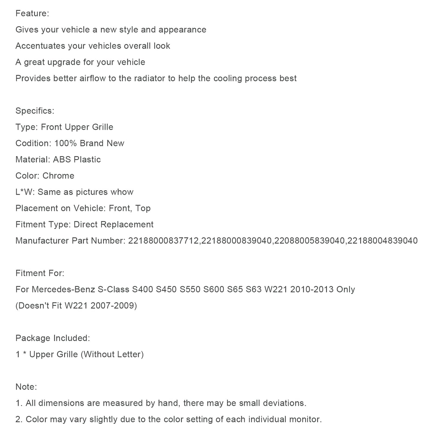 2010-2013 Mercedes Benz S-Class W221 S550 S600 S63 S65 Front Grille Grill