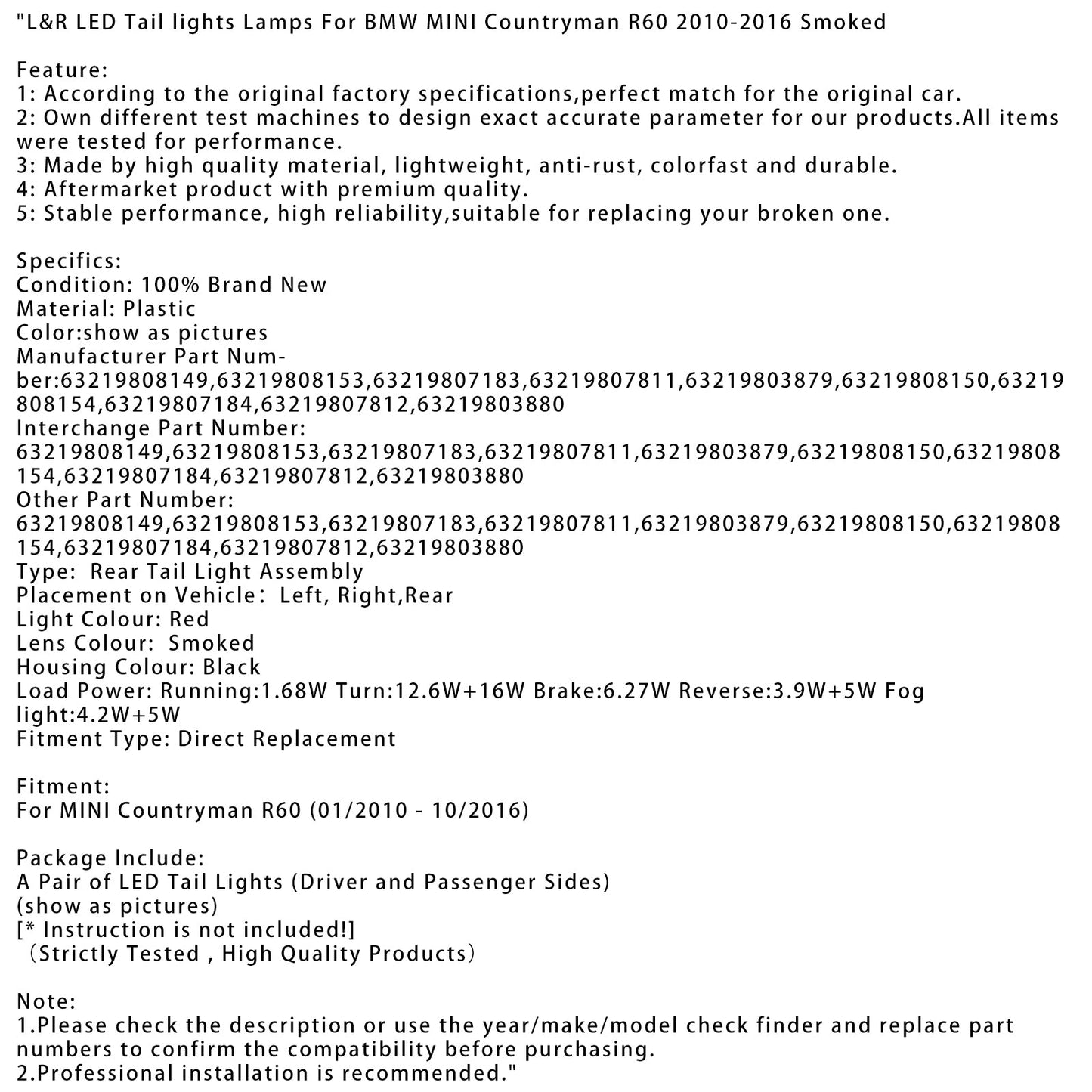 L&R LED Tail lights Lamps For BMW MINI Countryman R60 2010-2016 Smoked