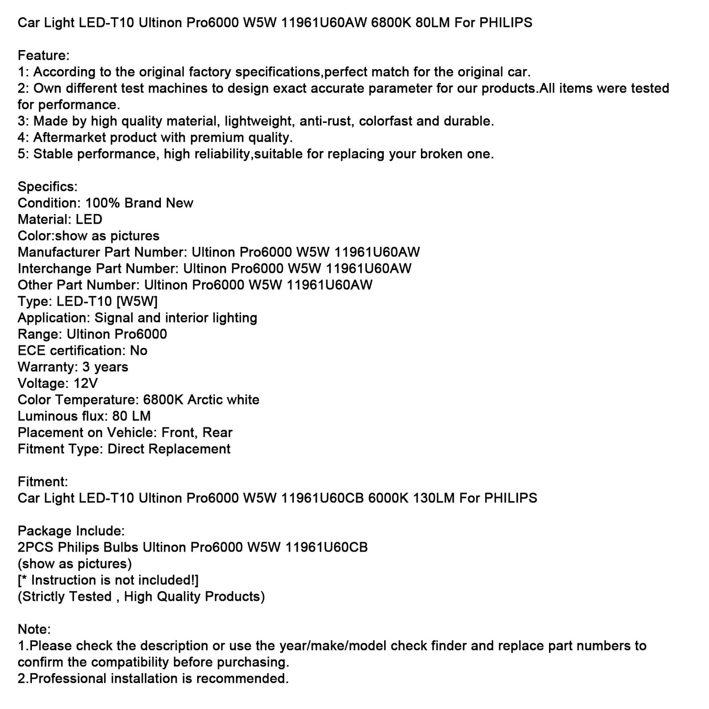 Car Light LED-T10 Ultinon Pro6000 W5W 11961U60AW 6800K 80LM For PHILIPS