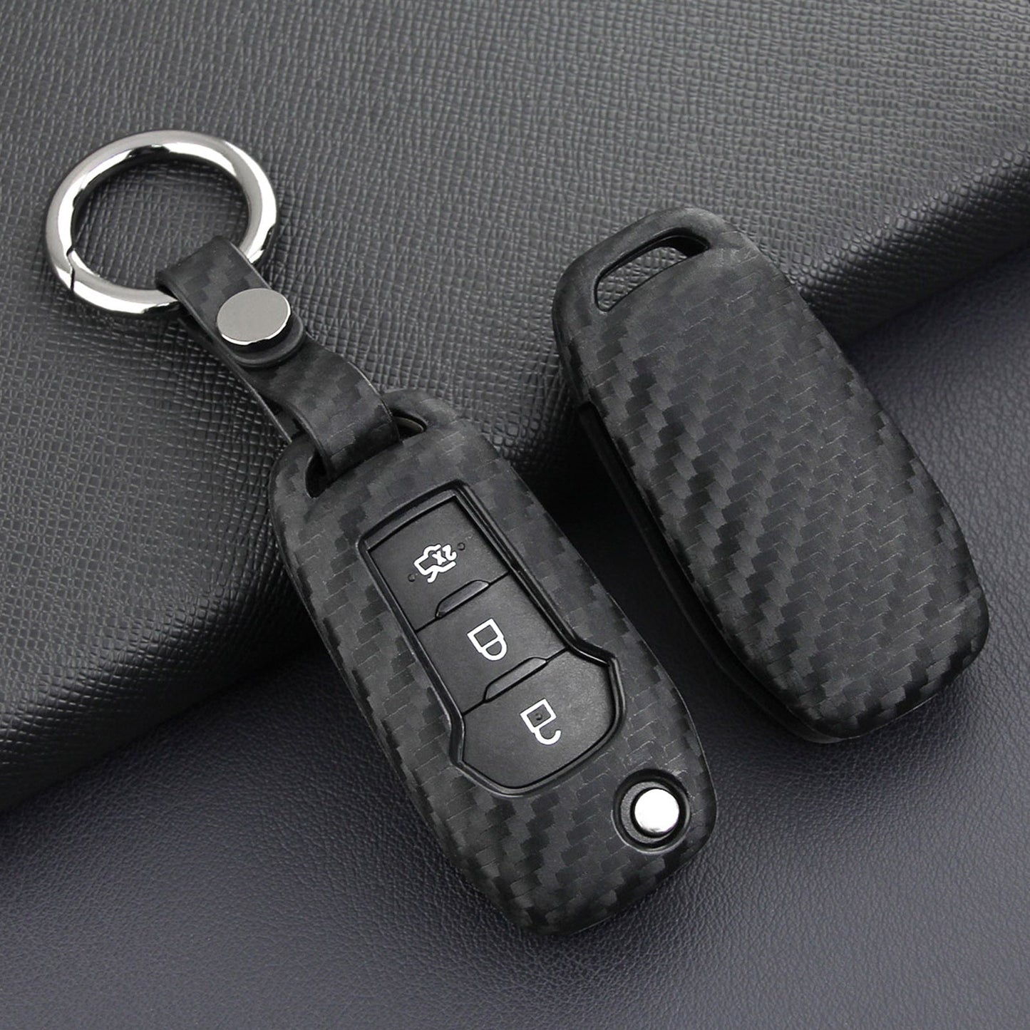 Leather Silicone Car Key Case Cover With Buckle For Ford