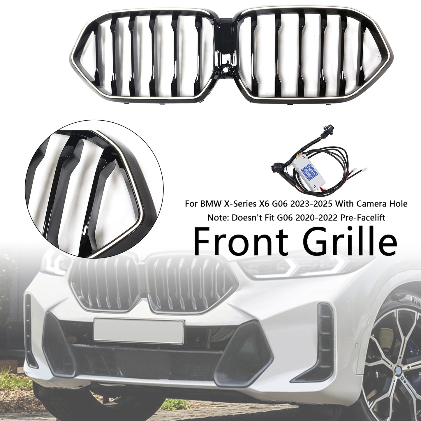 2023-2025 BMW X6 G06 M60i W/Camera Hole Black Front Bumper Grille Grill