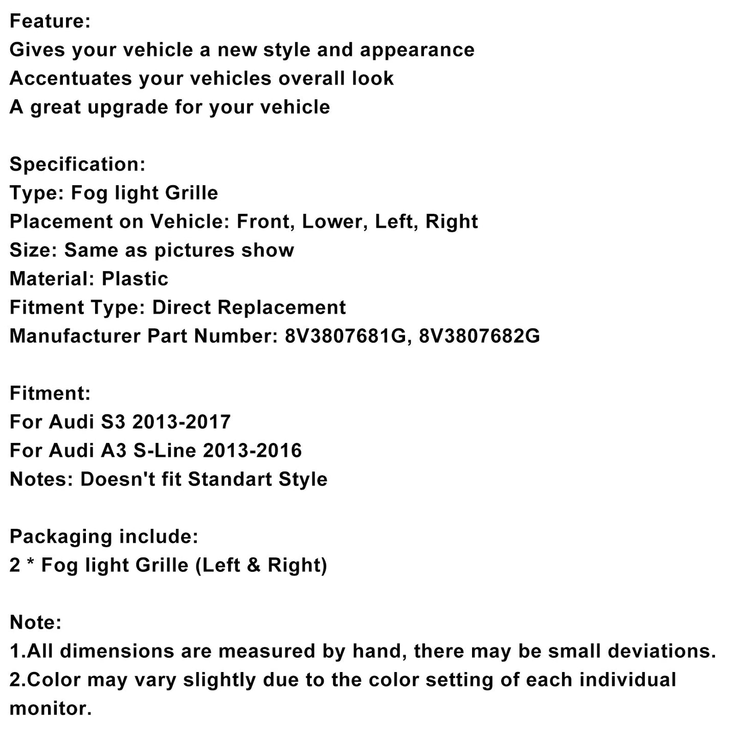 2013-2016 AUDI A3 S-Line S3 Front Lower Bumper Fog Light Cover Grille