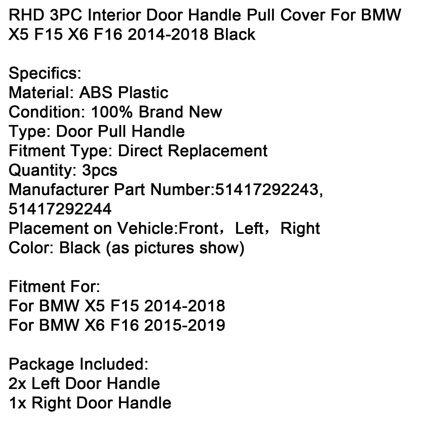 RHD 3PC Interior Door Handle Pull Cover For BMW X5 F15 X6 F16 2014-2018