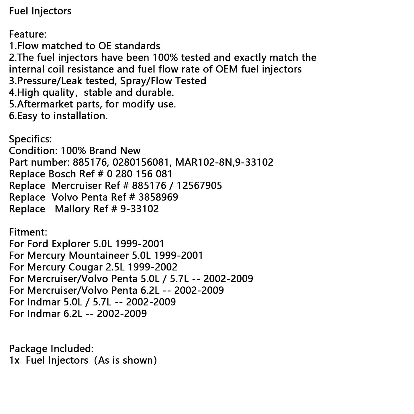 885176 0280156081 Fuel Injectors MAR102-8N 9-33102 For Mercury Mercruiser