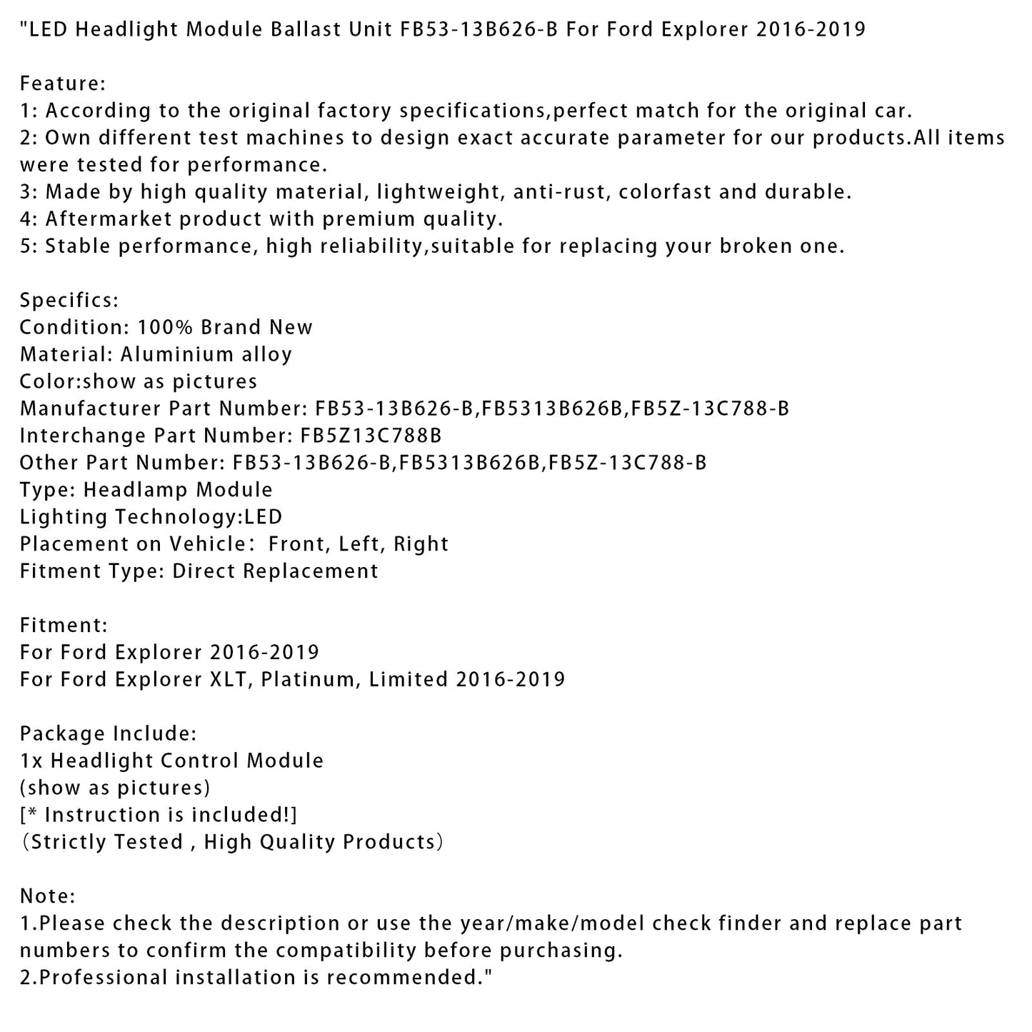LED Headlight Module Ballast Unit FB53-13B626-B For Ford Explorer 2016-2019