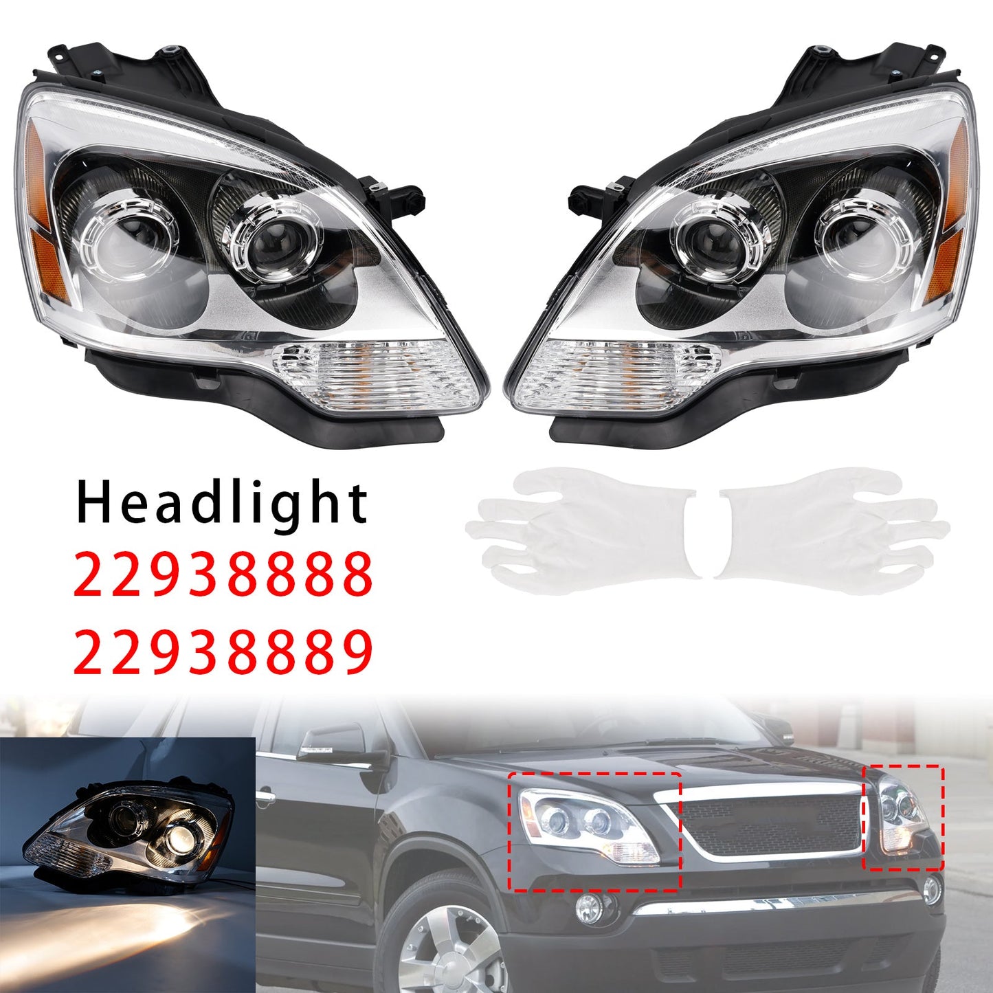 2007-2012 For GMC Acadia Left+Right HID Headlight 22938888 22938889
