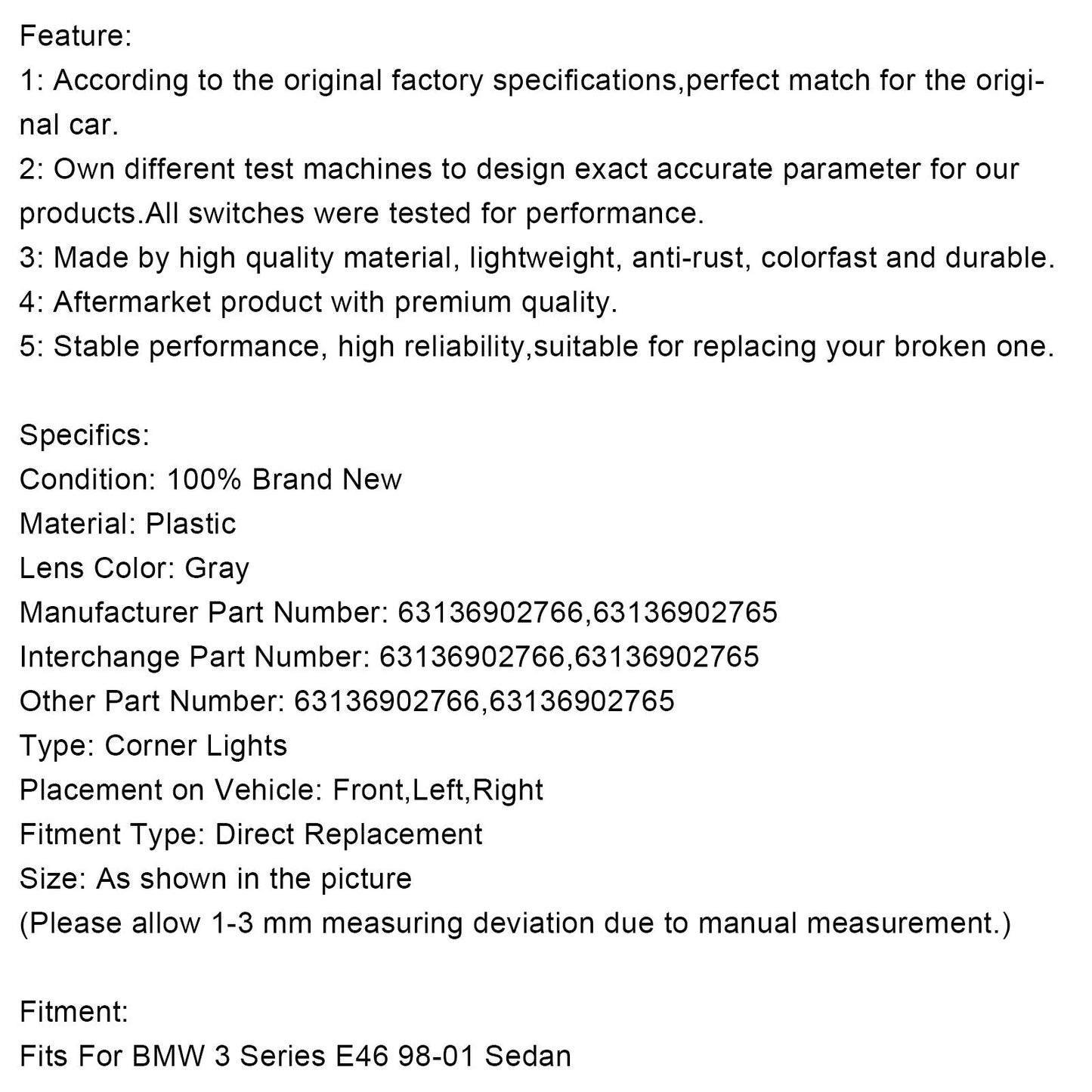 1998-2001 BMW 3 Series E46 Sedan Pair Gray Corner Side Light For 63136902766