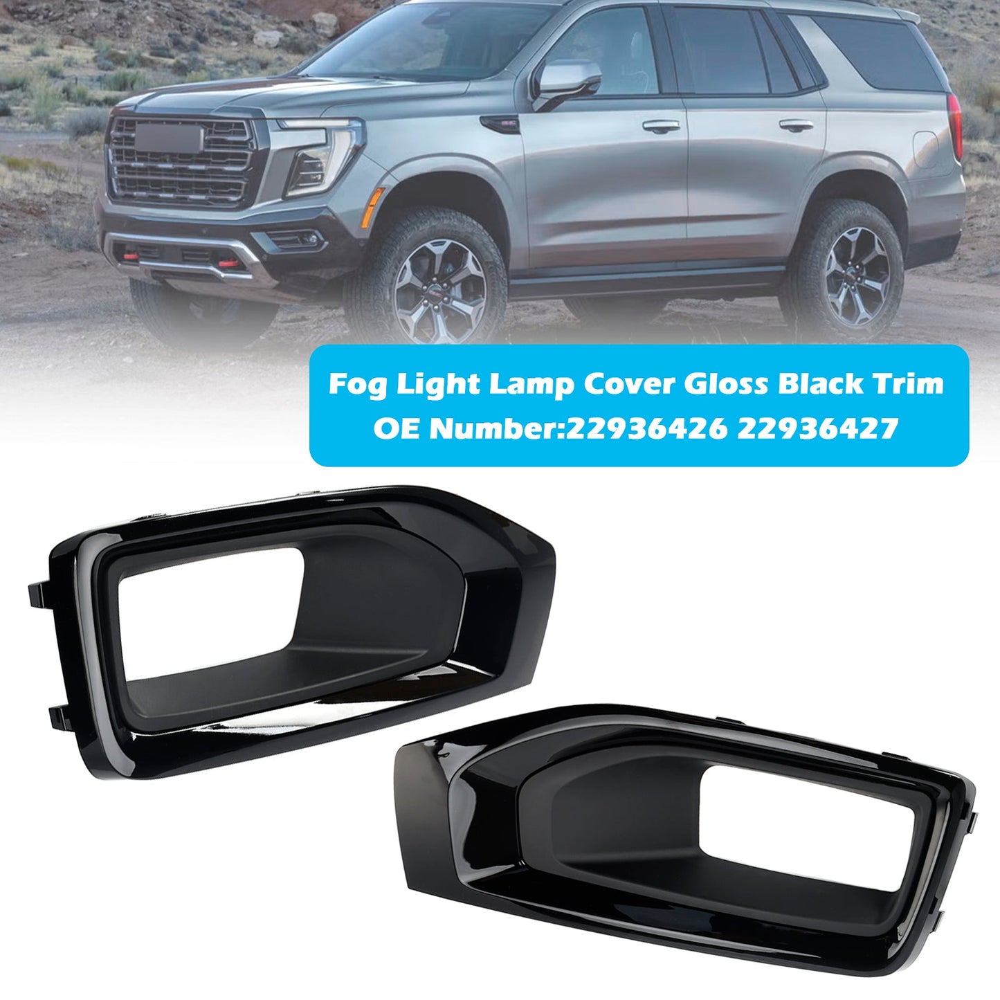 Fog Light Lamp Cover Gloss Black Trim Pair For GMC Yukon / Yukon XL 2015-2020