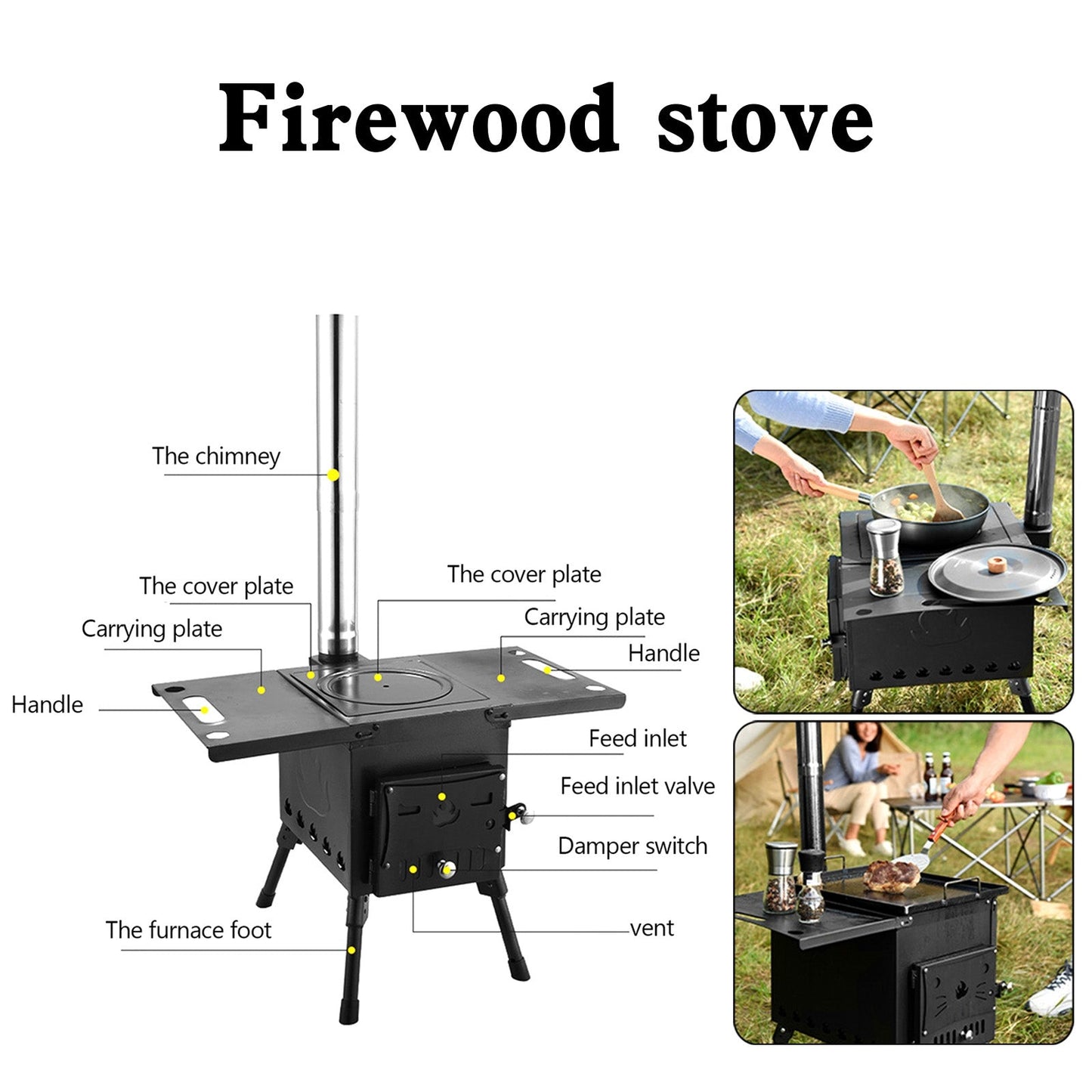 Outdoor Portable Camping Wood Stove Picnic Cook Folding Heating Wood Burning Camping Wood Stove with Retractable Legs Large Capacity & Foldable & Easy to Carry & Shelves