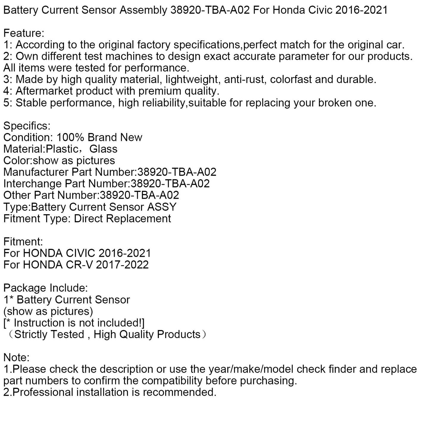Battery Current Sensor Assembly 38920-TBA-A02 For Honda Civic 2016-2021