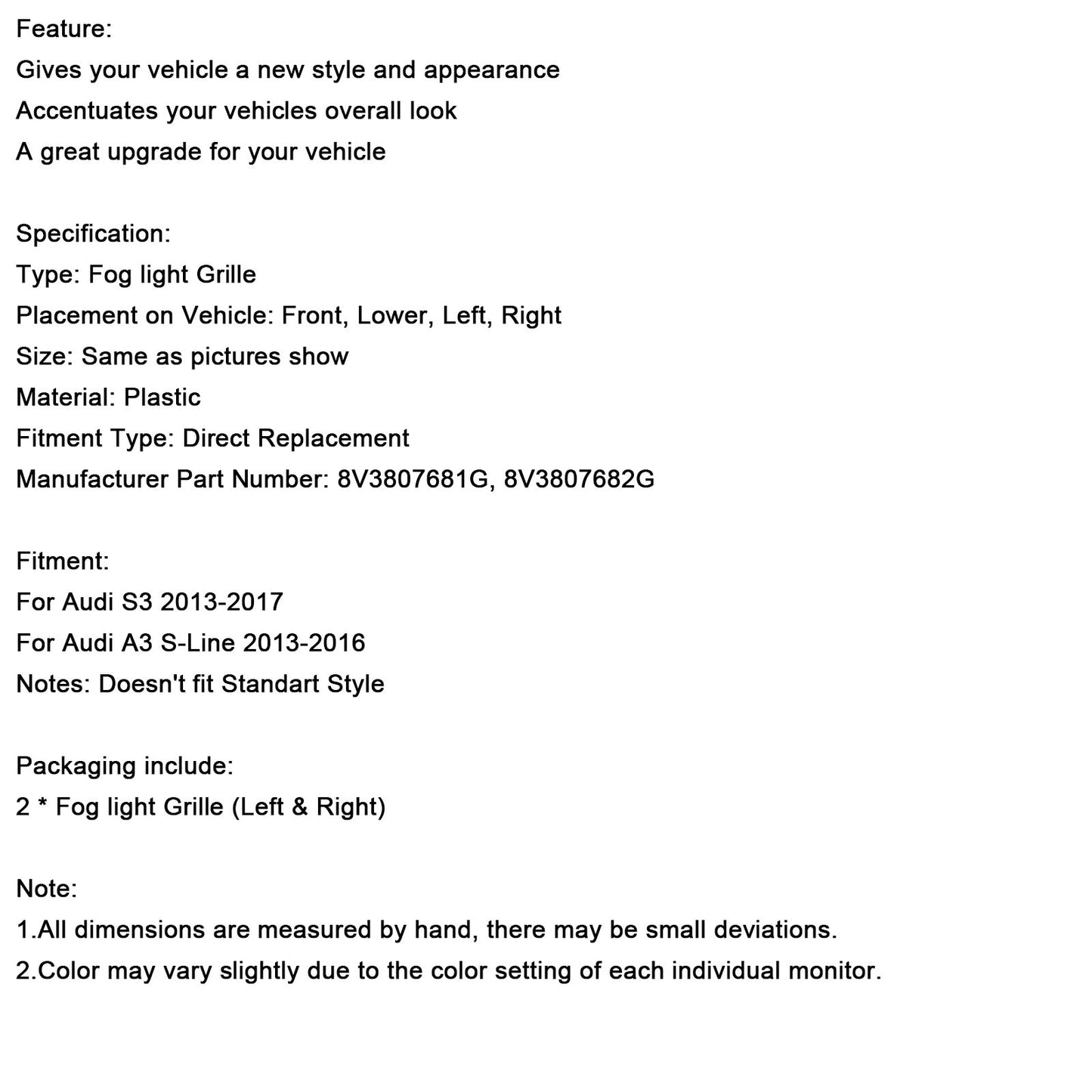 2013-2016 AUDI A3 S3 S-Line Front Lower Bumper Fog Light Cover Grille