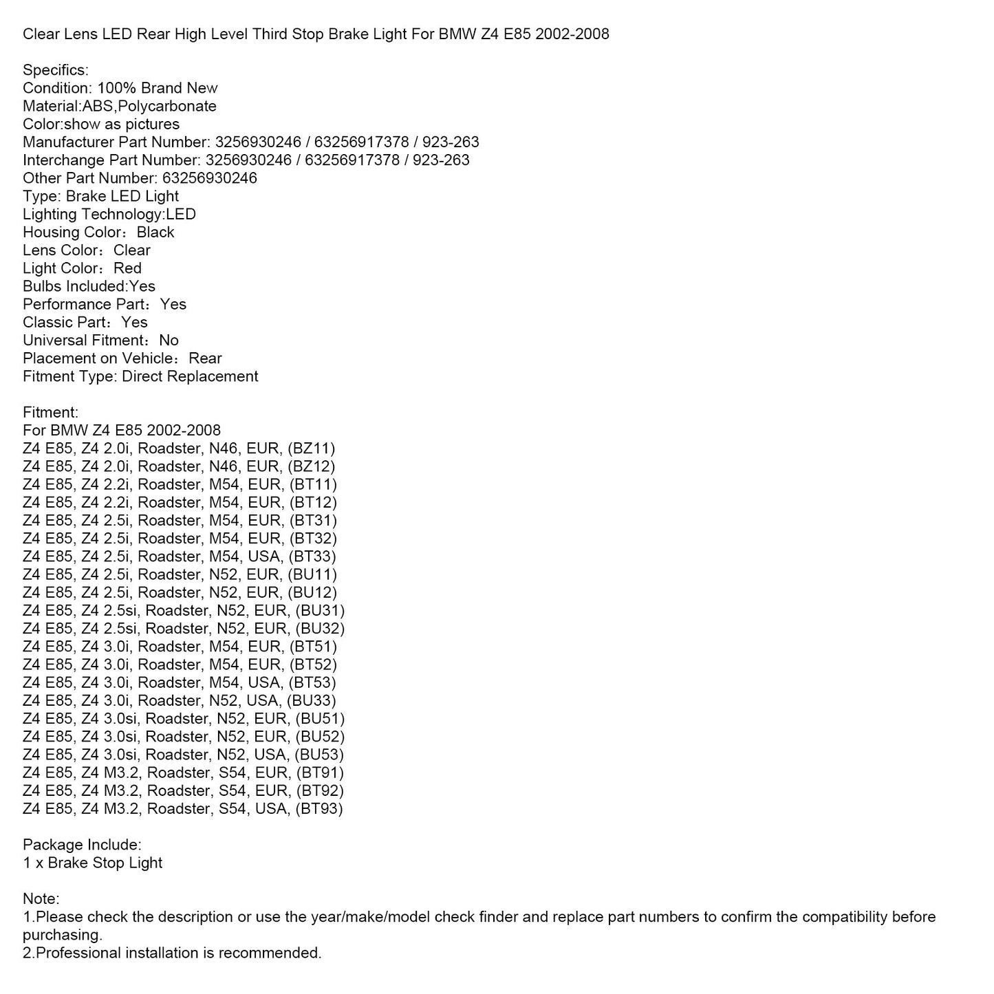 Clear Lens LED Rear High Level Third Stop Brake Light For BMW Z4 E85 2002-2008