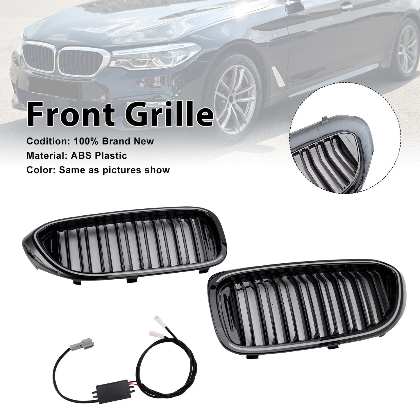 Gloss Black Double Slat Front Kidney Grille Fit BMW 5 Series G30 G31 2017-2020