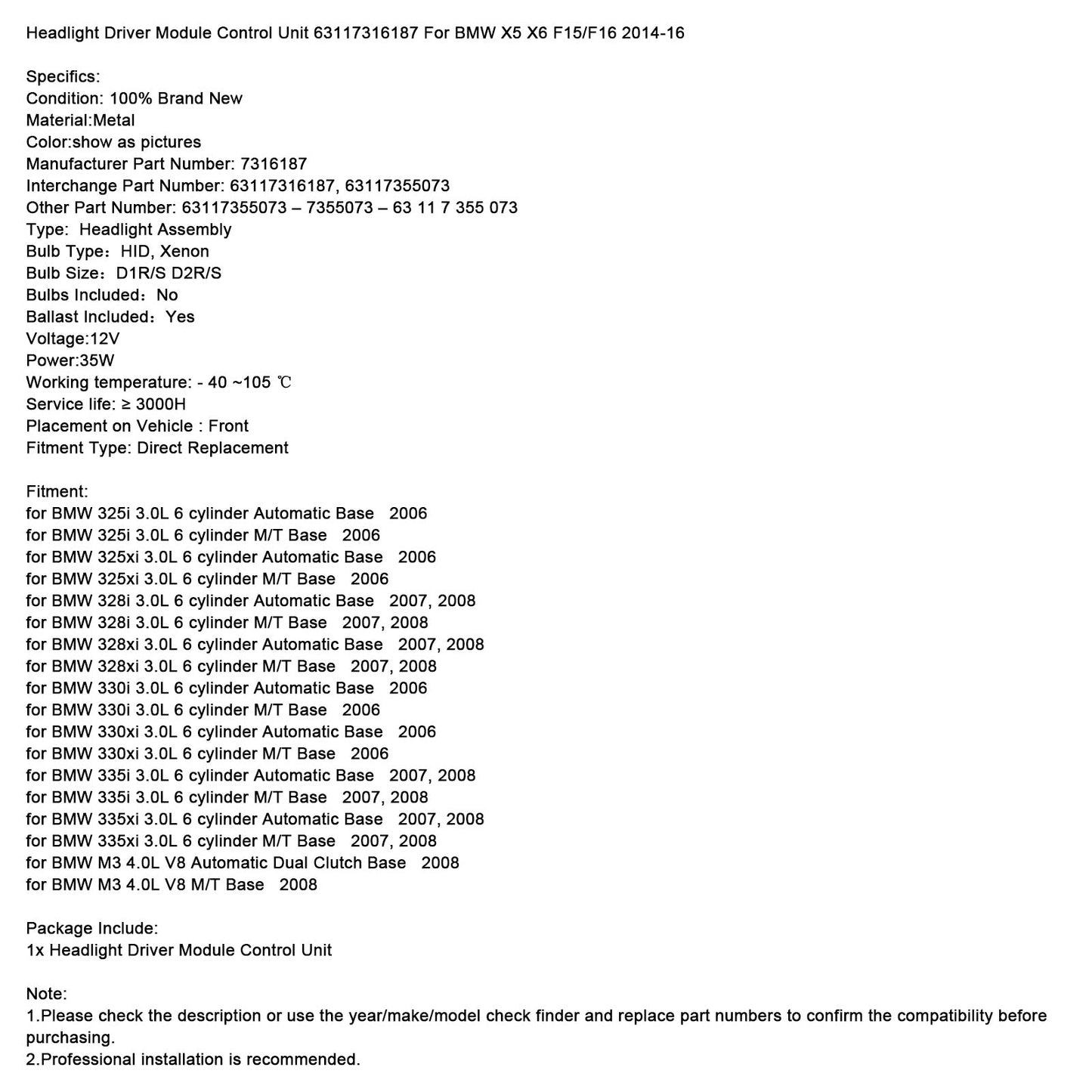Headlight Driver Module Control Unit 63117316187 For BMW X5 X6 F15/F16 2014-16