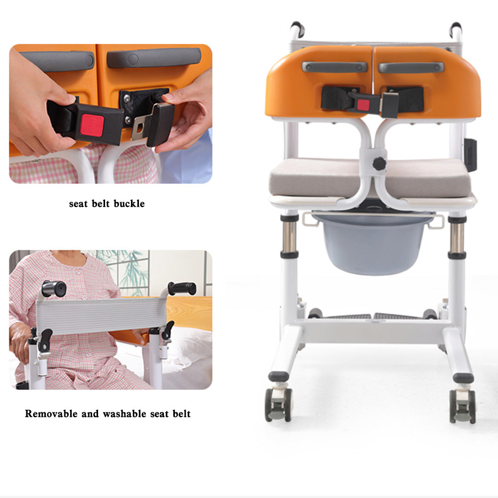 Elderly Patient Lift Wheelchair with 180 Degree Split Seat and Integrated Bedpan