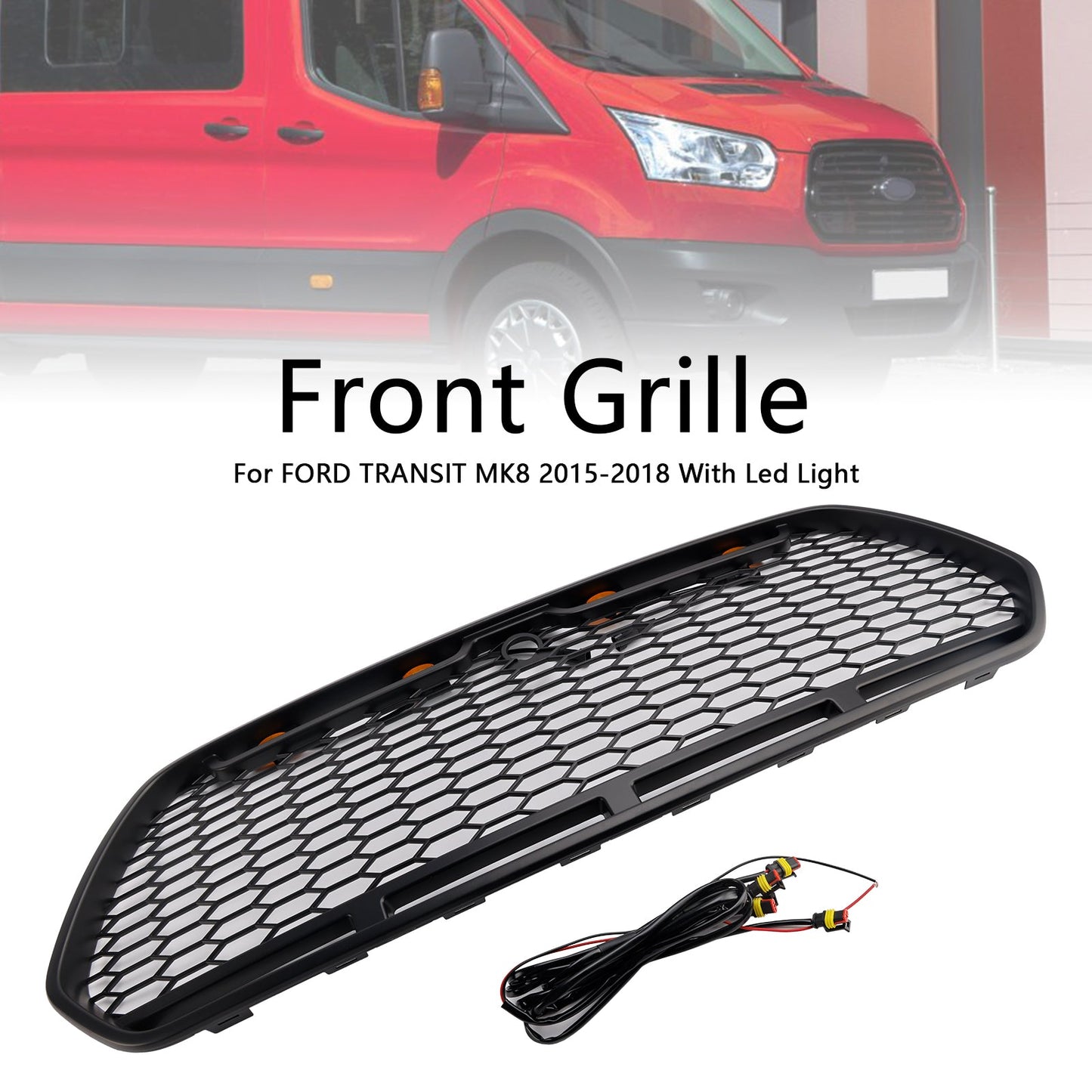 2015-2018 Ford Transit MK8 Raptor w/LED Matt Black Front Bumper Grill Grille