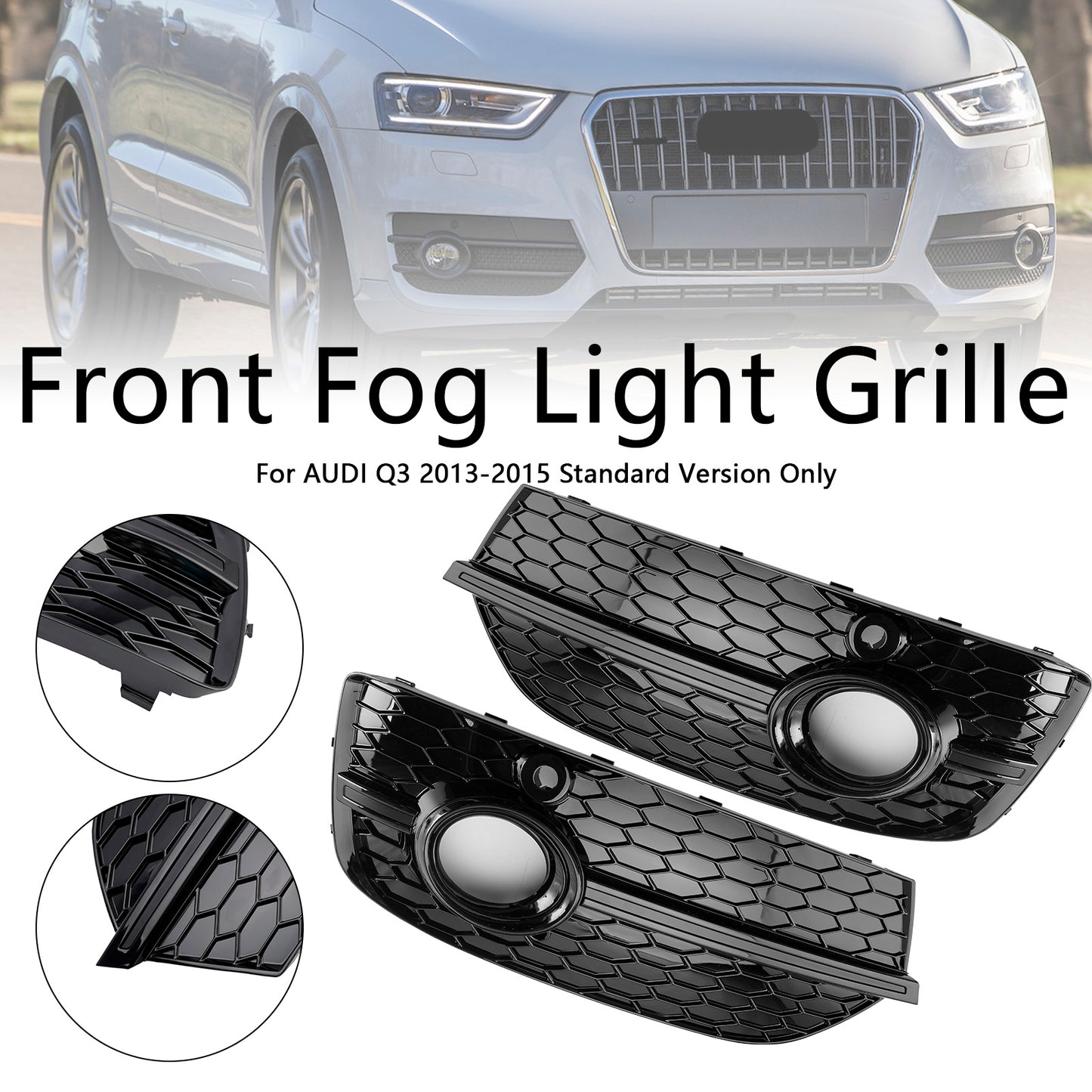 RSQ3 Style Honeycomb Front Fog Light Covers Fit Audi Q3 2013-2015 Gloss Black