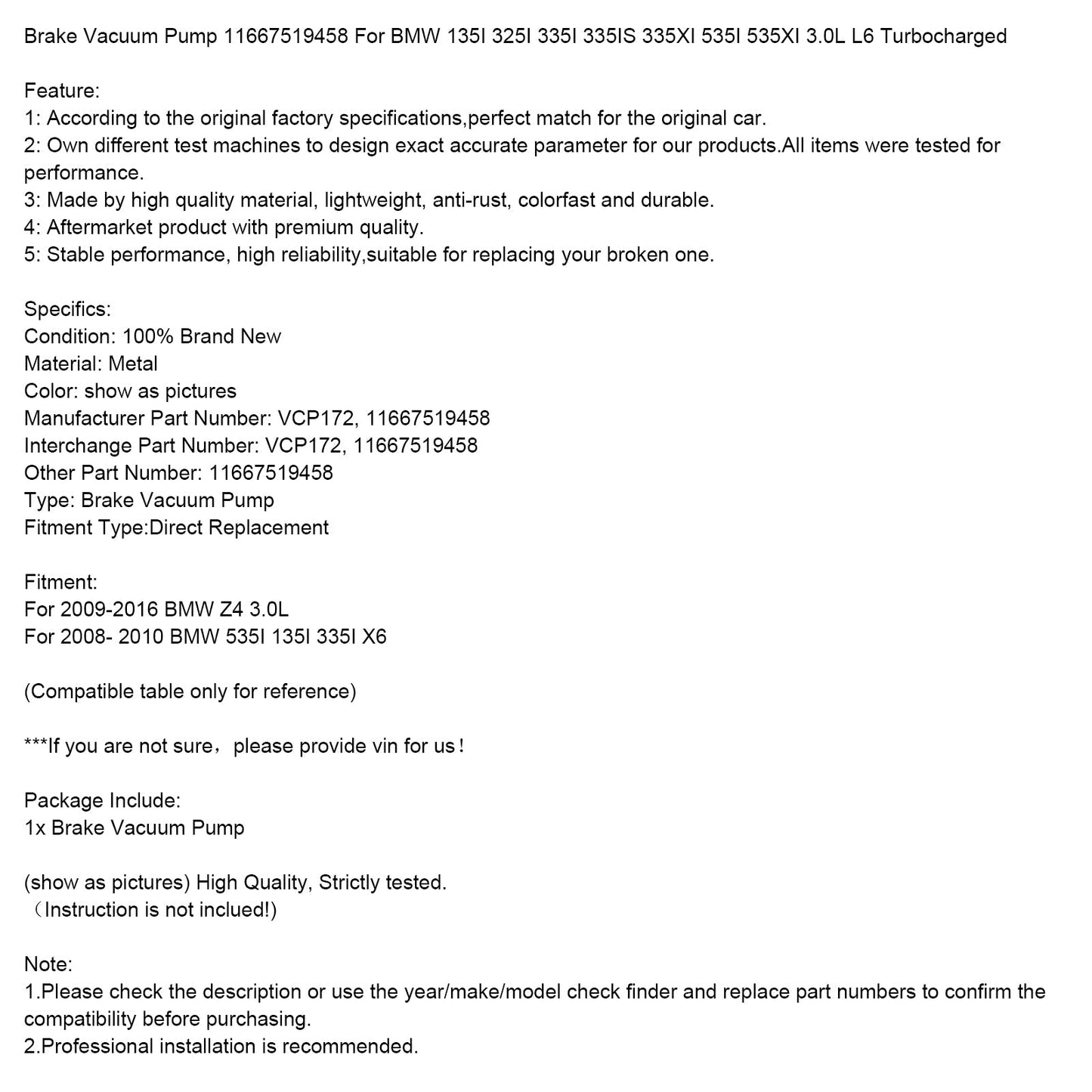 2009-2016 BMW Z4 3.0L Brake Vacuum Pump 11667519458