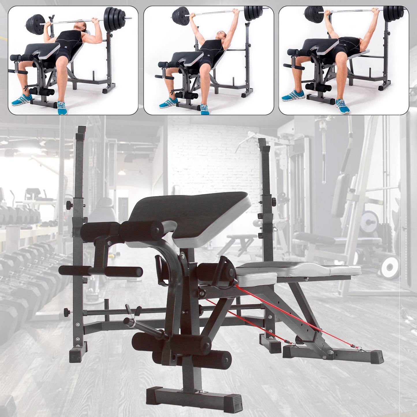 Full Body Workout Weight Bench Adjustable Folding Bench Press W/Barbell Rack
