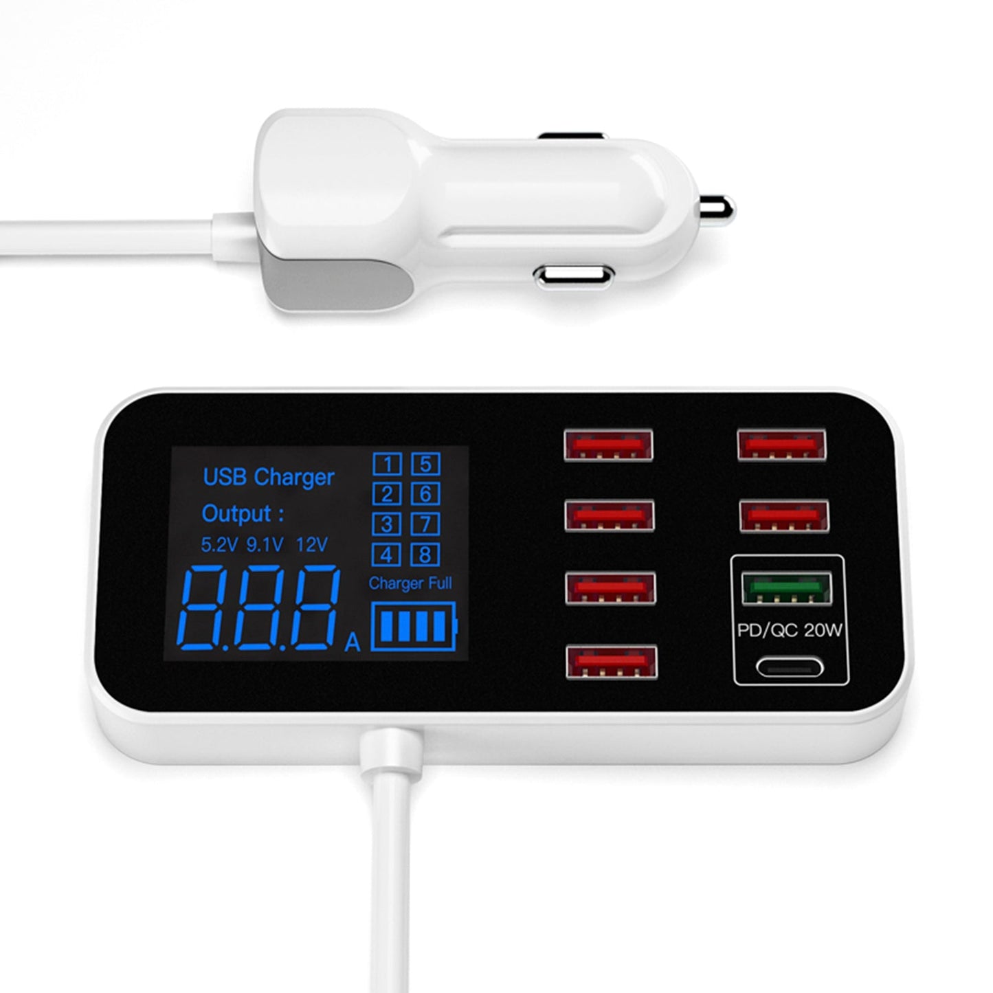 USB Charger PD5V1A QC3.0 Display Small Car 8 Port Car Charger Cigarette Lighter