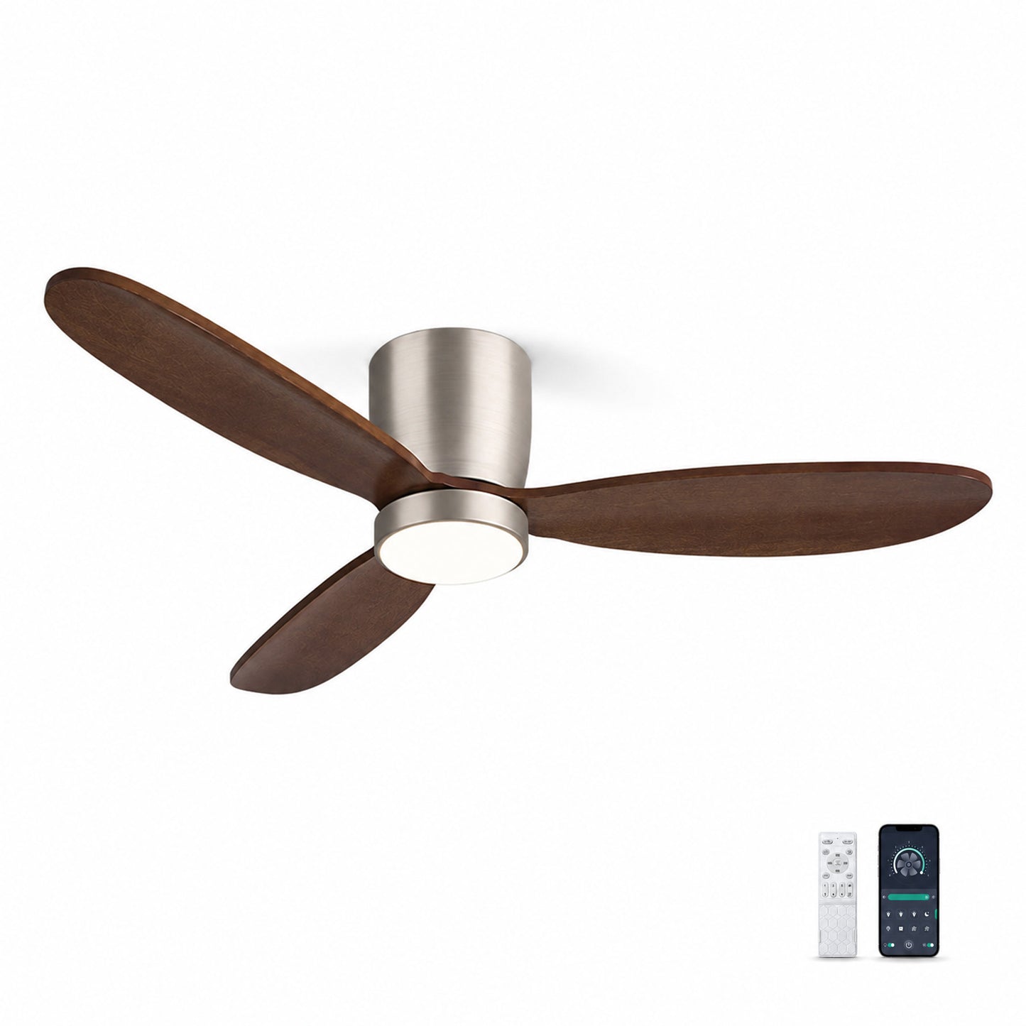 52" Flush Mount Ceiling Fan with Light APP & Remote Control Solid Wood Blades