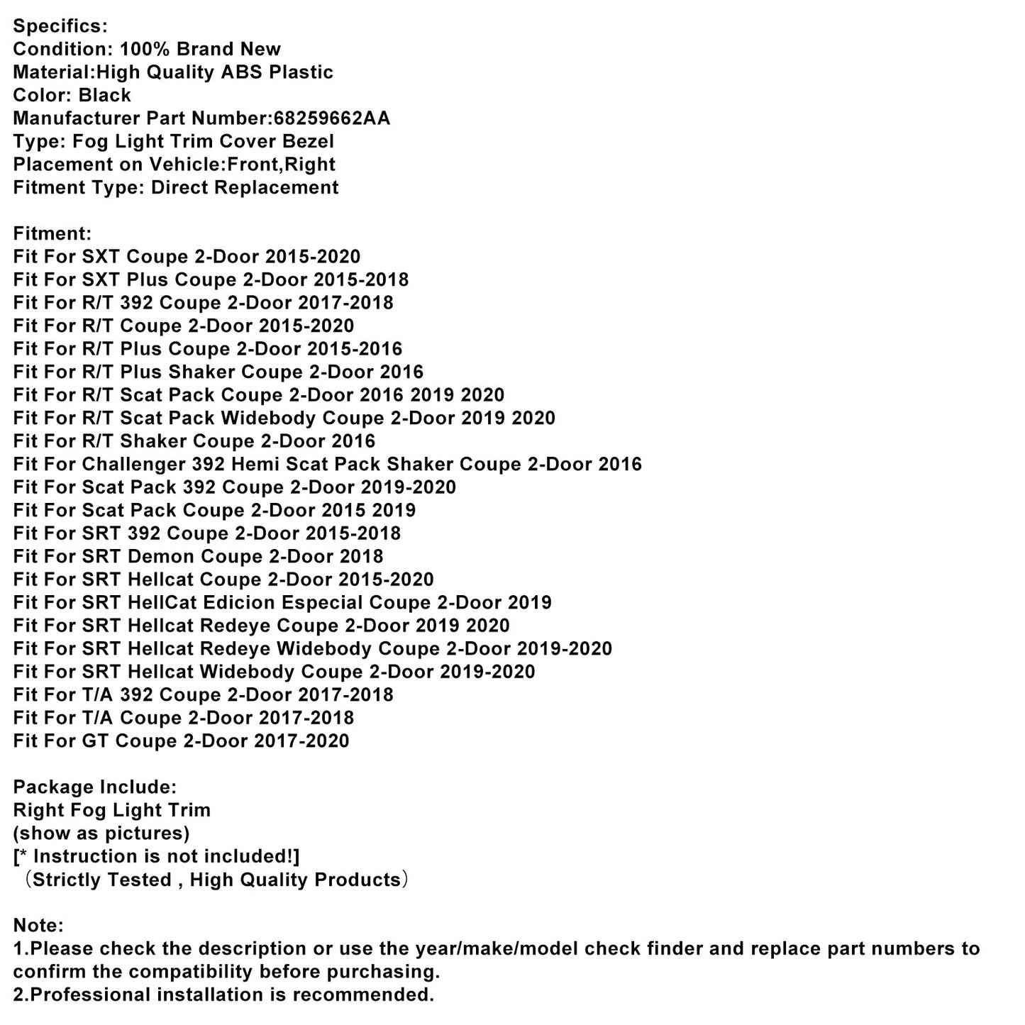 Right Front Fog Light Trim For Dodge Challenger 2015-2021 68259662AA