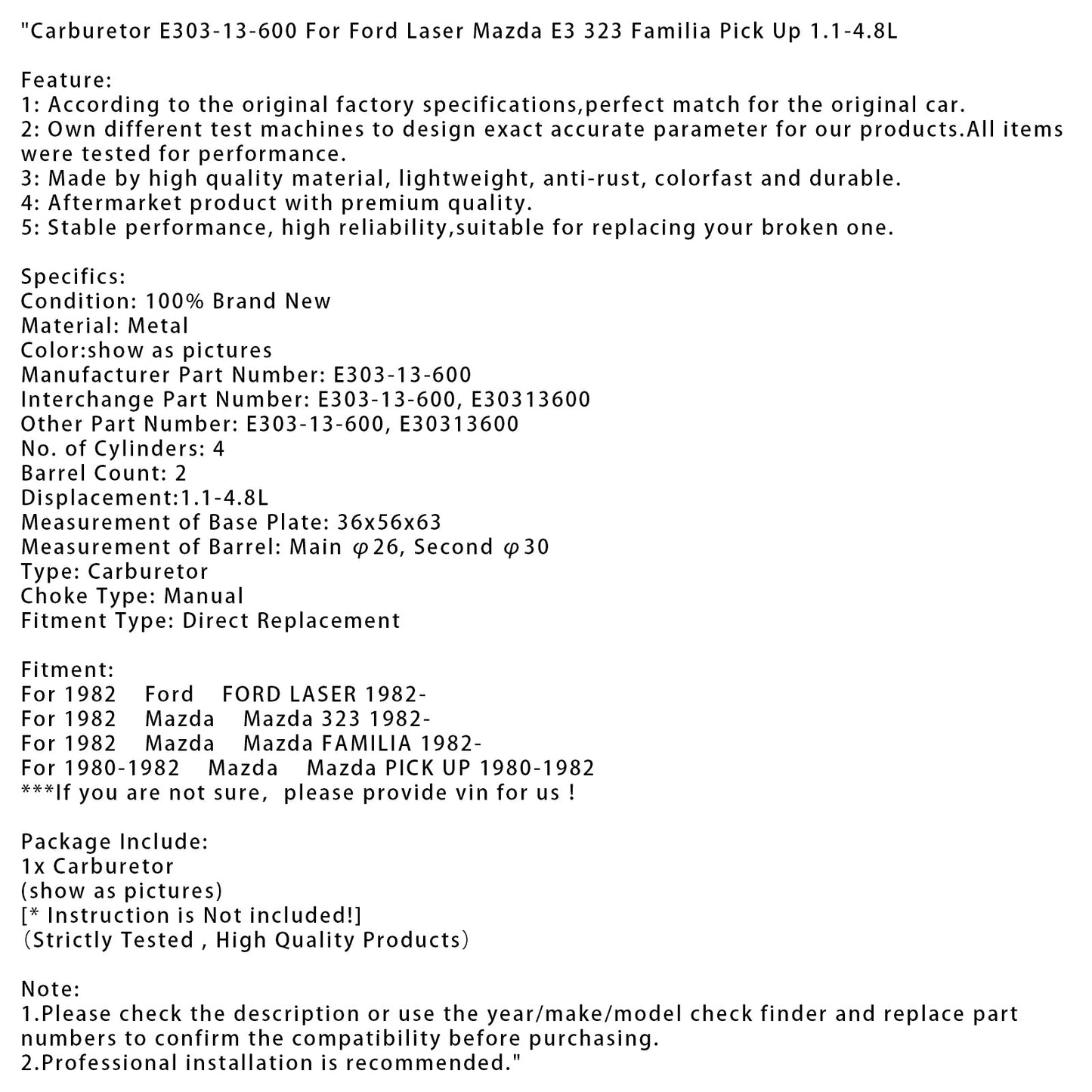 1982-on Ford LASER Carburetor E303-13-600 E30313600