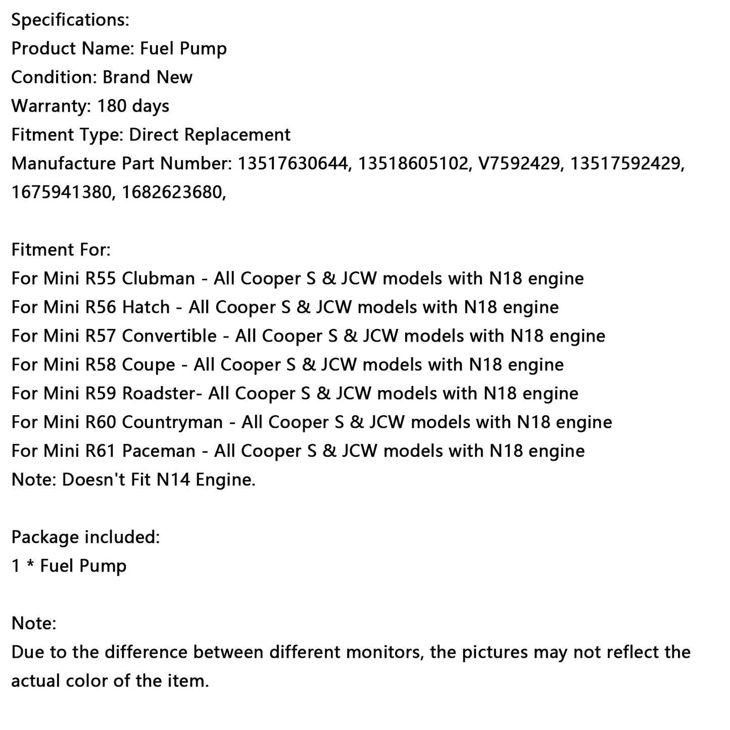 Mini R61 Paceman - All Cooper S & JCW models with N18 engine High Pressure Fuel Pump 13517592429