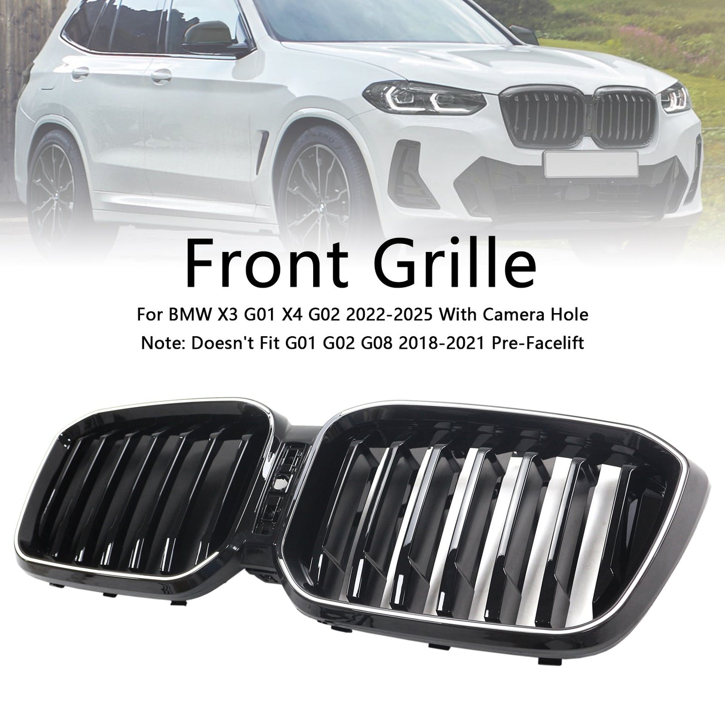 2022-2025 BMW X3 G01 X4 G02 Glossy Black Front Bumper Kidney Grille With Camera Hole