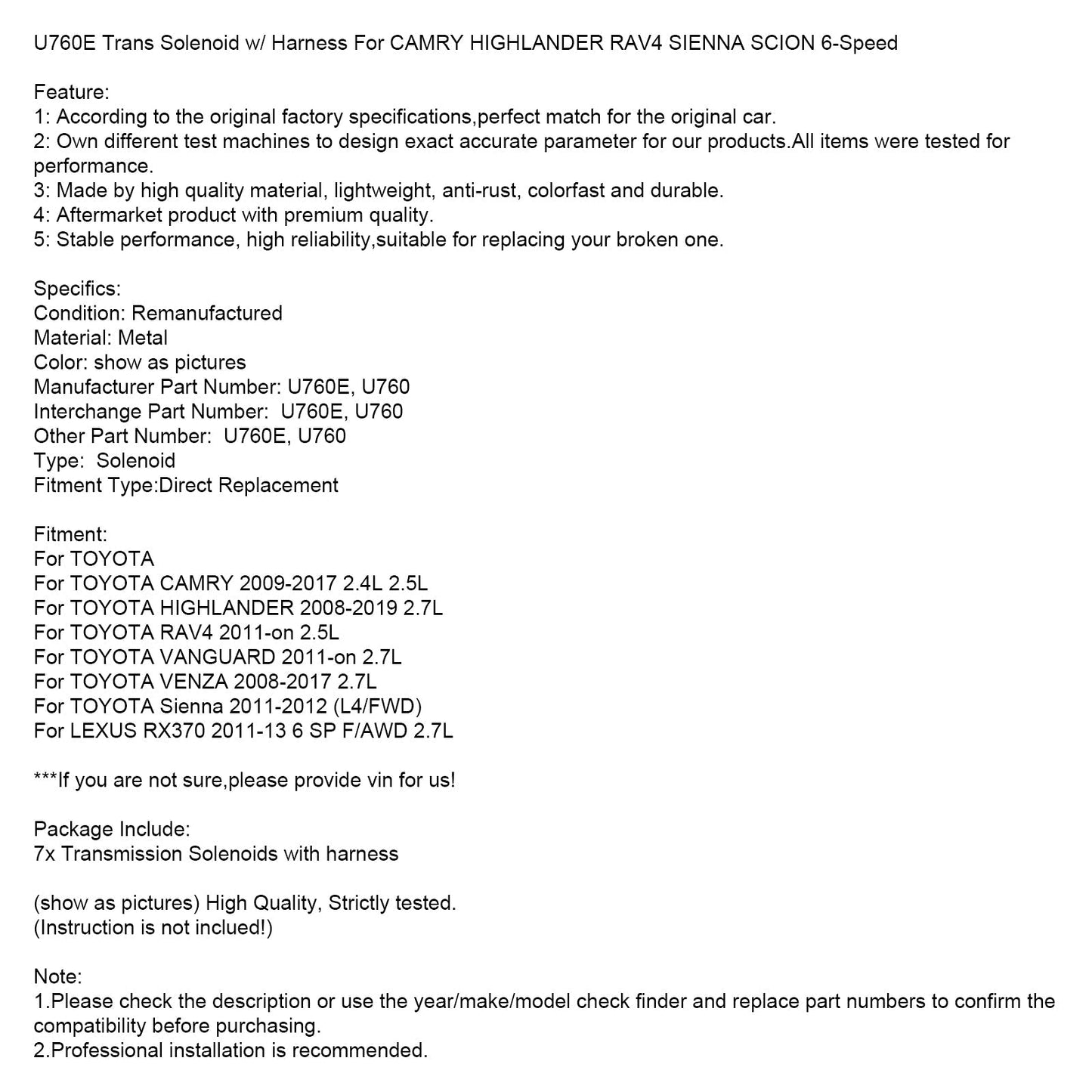 2011-on TOYOTA RAV4 2.5L U760E Trans Solenoid w/ Harness 6-Speed