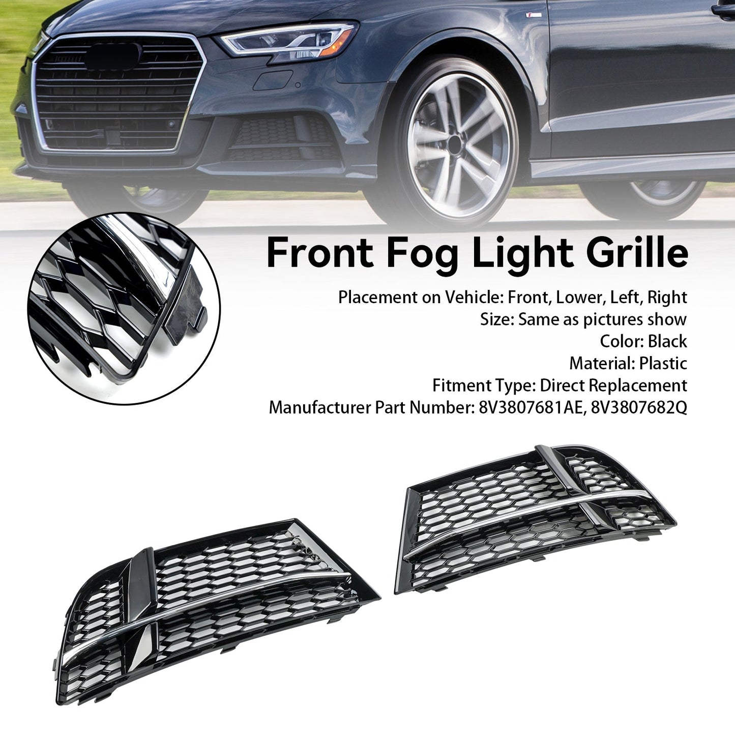 Front Fog Light Cover Bezel Grill Grille Fit AUDI A3 S-LINE 2017-2019 8V