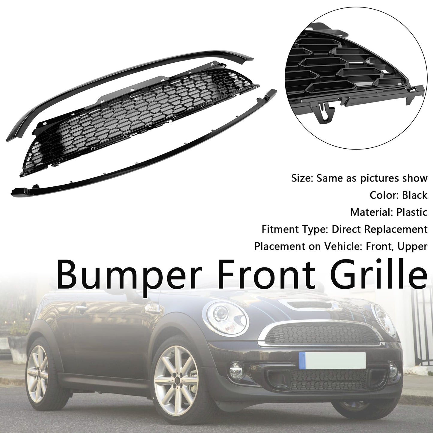 2007-2013 MINI R56 Cooper S & JCW 3-Door Hatchback 3PCS Gloss Black Front Grill Grille