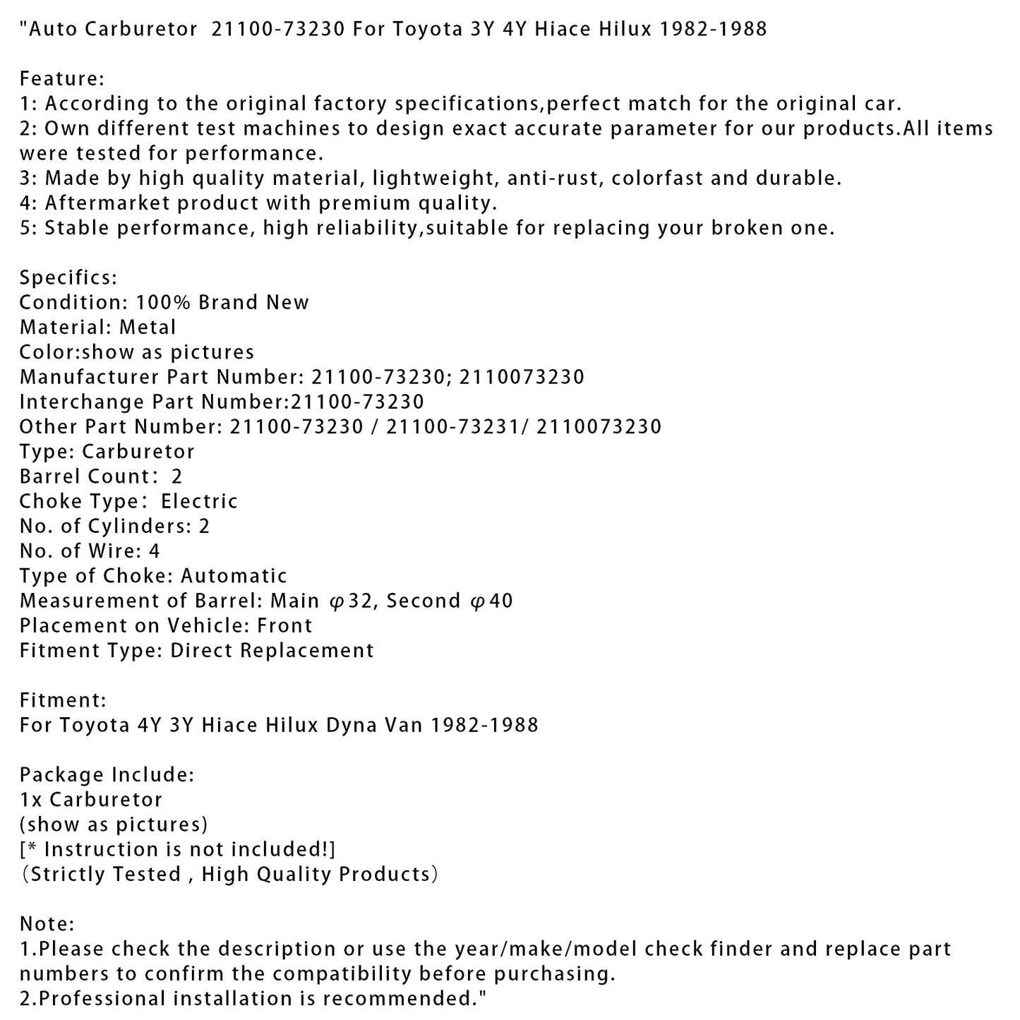 1982-1988 Toyota 4Y 3Y Hiace Hilux Dyna Van Auto Carburetor 21100-73230 21100-73231