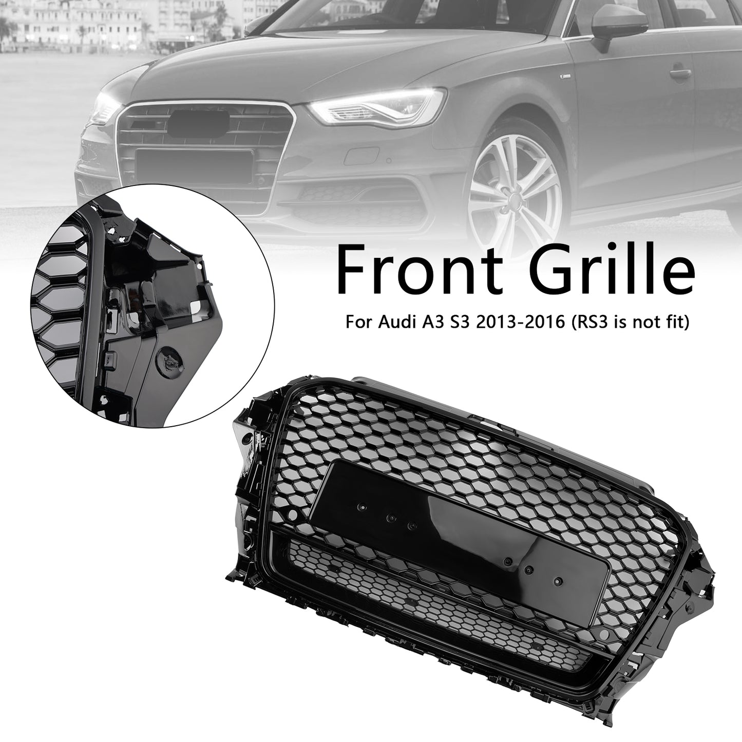 RS3 Style Front Henycomb Bumper Grill Grille Fit Audi A3 S3 2013-2016